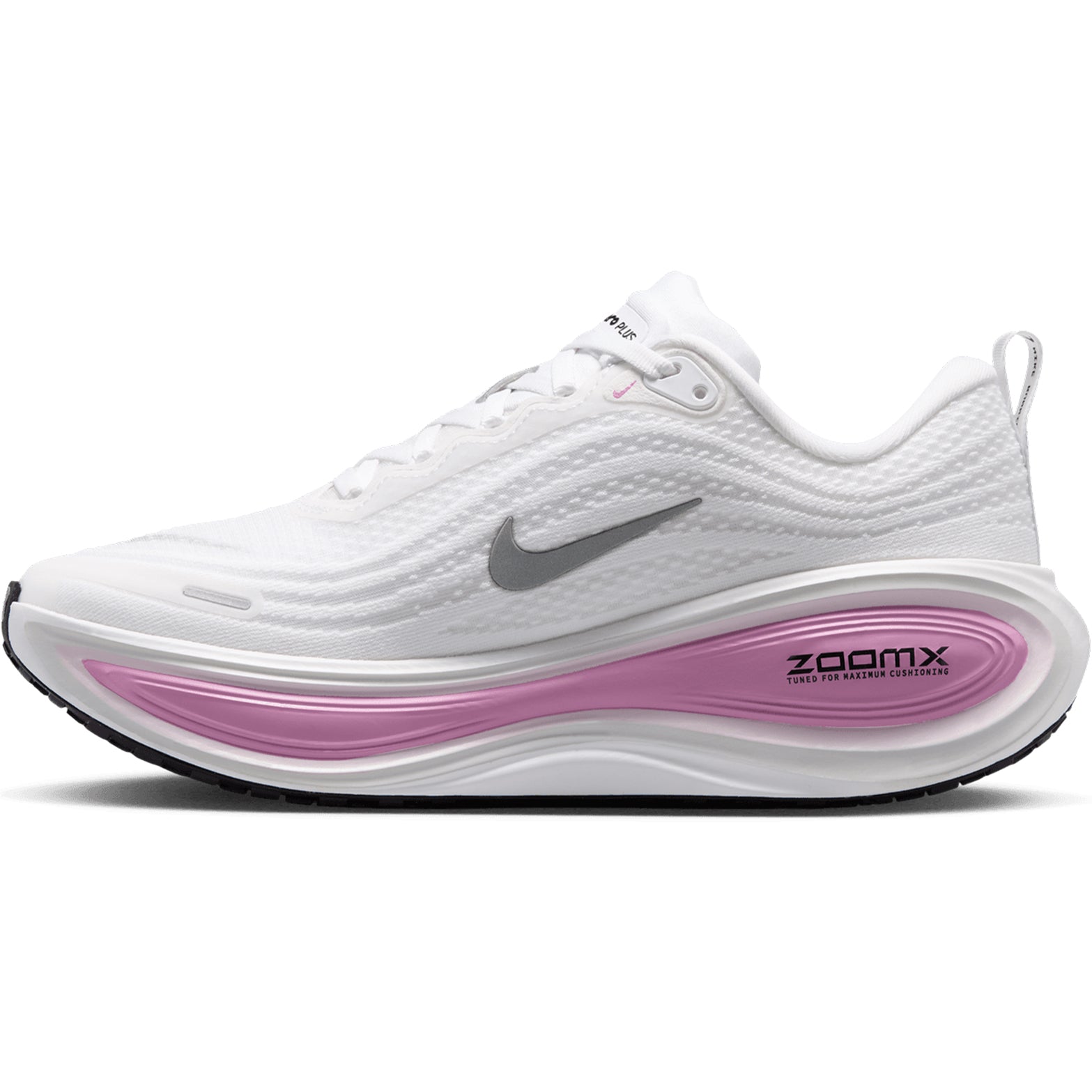 Women's Nike Vomero Plus Running Shoes White Bleached Lilac Summit White Metallic Silver inner side view showing full-length ZoomX foam with plush tongue and webbed lace loops for comfortable secure everyday training