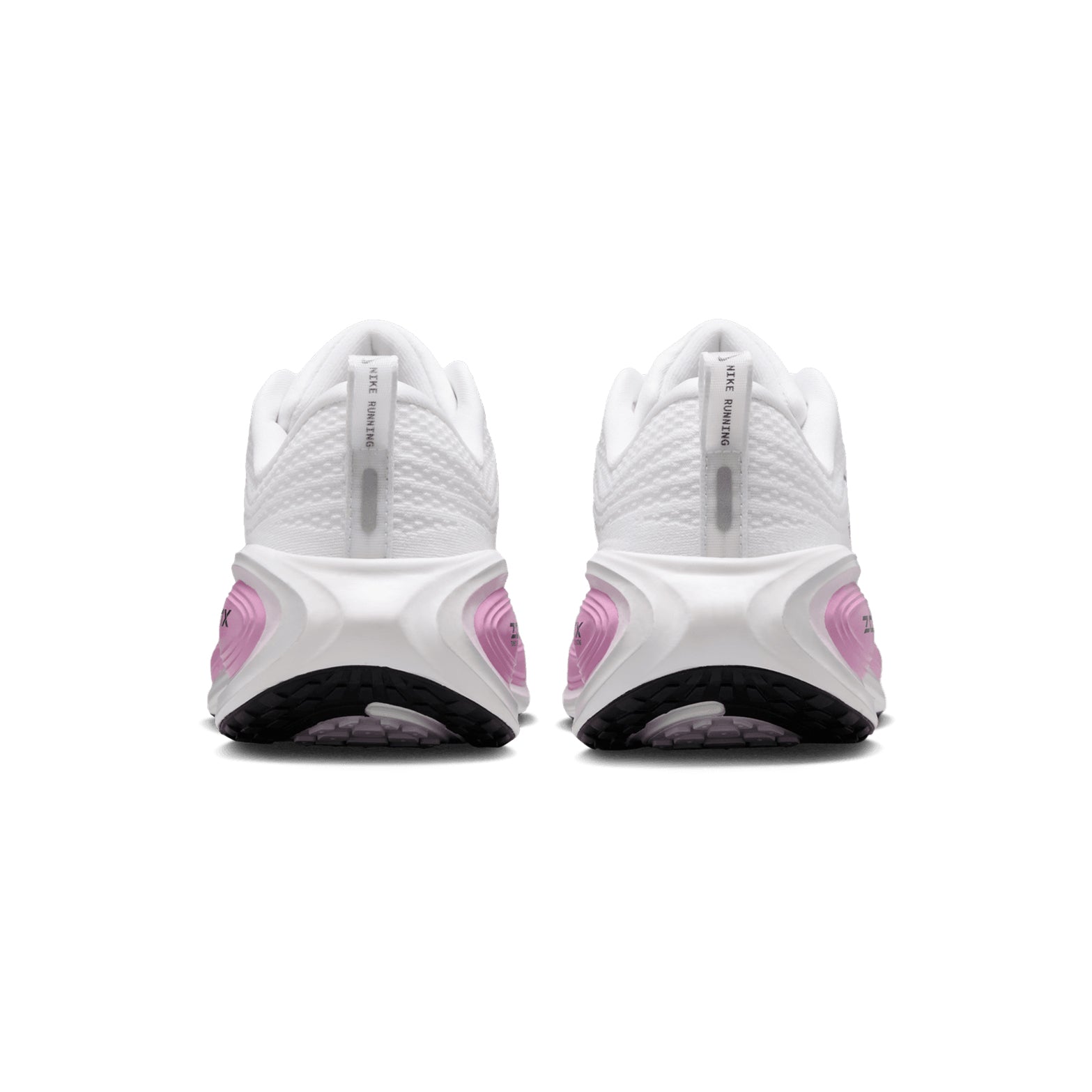 Women's Nike Vomero Plus Running Shoes White Bleached Lilac Summit White Metallic Silver heel view showing maximal ZoomX foam stack with 10mm drop and high-abrasion rubber for plush protected daily running