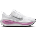 Women's Nike Vomero Plus Running Shoes White Bleached Lilac Summit White Metallic Silver outer side view showing full-length ZoomX foam midsole with high-abrasion rubber outsole for maximum cushioned daily running