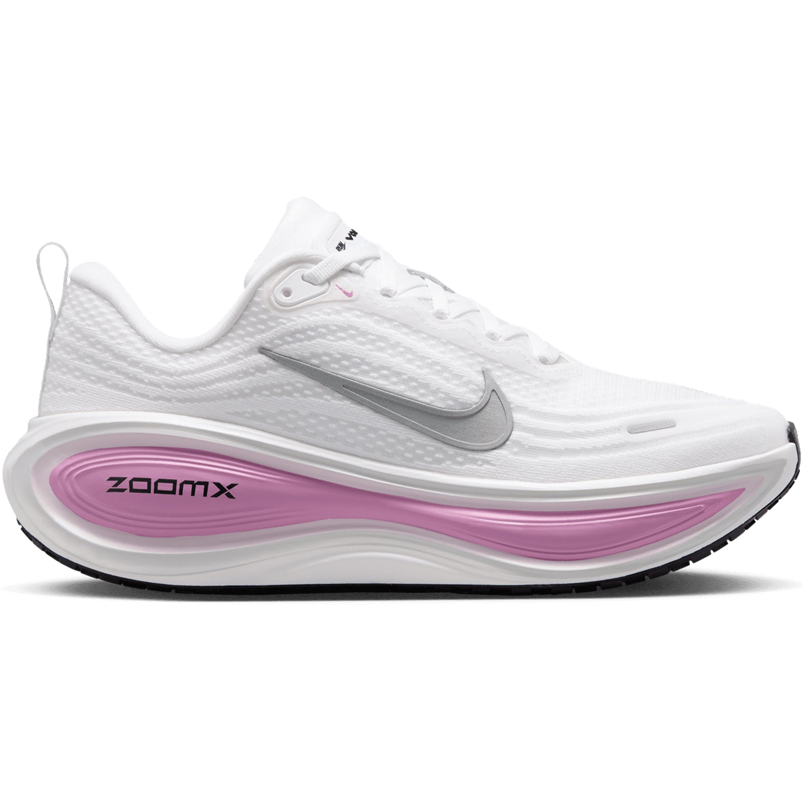 Women's Nike Vomero Plus Running Shoes White Bleached Lilac Summit White Metallic Silver outer side view showing full-length ZoomX foam midsole with high-abrasion rubber outsole for maximum cushioned daily running