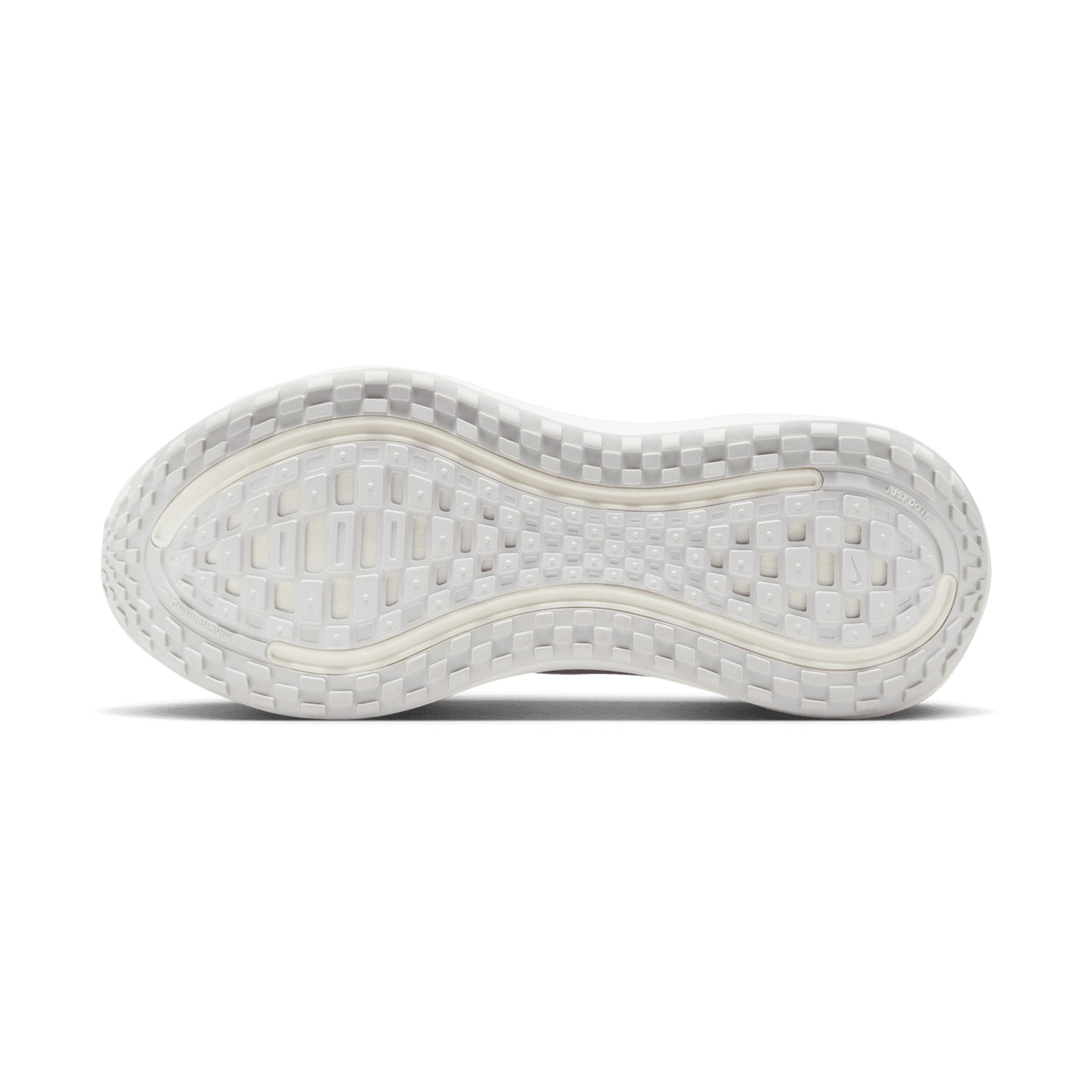 Nike Vomero Plus women's running shoe in White / Photon Dust / Metallic Silver / Summit White — outsole view showing durable rubber tread pattern and photon dust responsive cushioning midsole stack profile