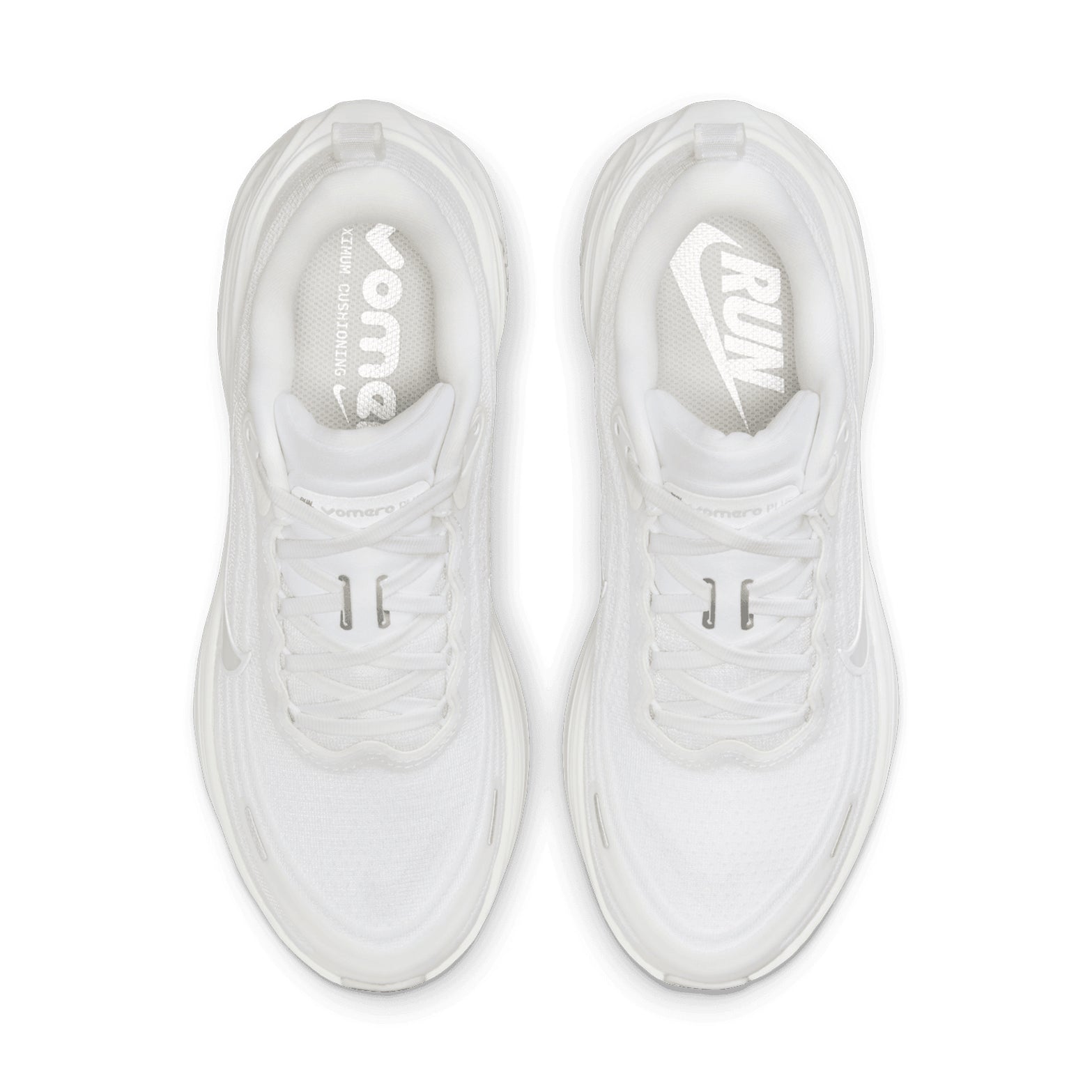 Nike Vomero Plus women's running shoe in White / Photon Dust / Metallic Silver / Summit White — top-down view showing white engineered mesh upper construction, lace closure and photon dust, metallic silver and summit white accent detailing