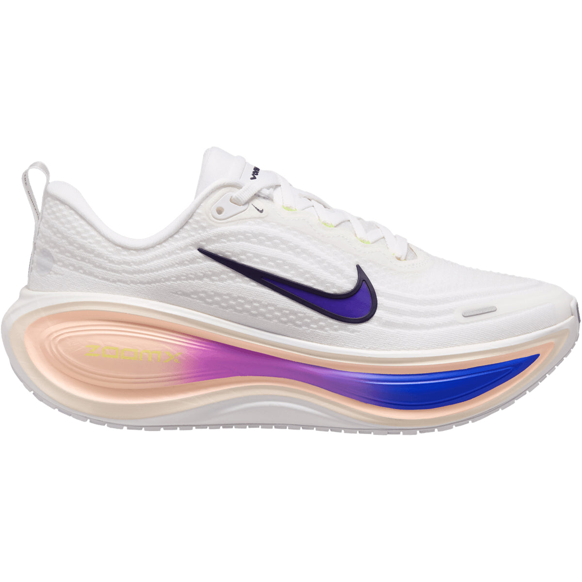 Women’s Vomero Plus Running Shoes White / Purple Dynasty with a dark purple swoosh and a thick, chunky midsole featuring ZoomX cushioning in a gradient of peach and purple accents.
