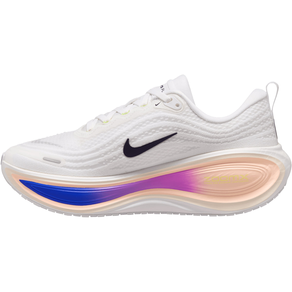 Women’s Vomero Plus Running Shoes White / Purple Dynasty with a dark purple swoosh and a gradient blue, purple, and peach ZoomX cushioning foam sole.