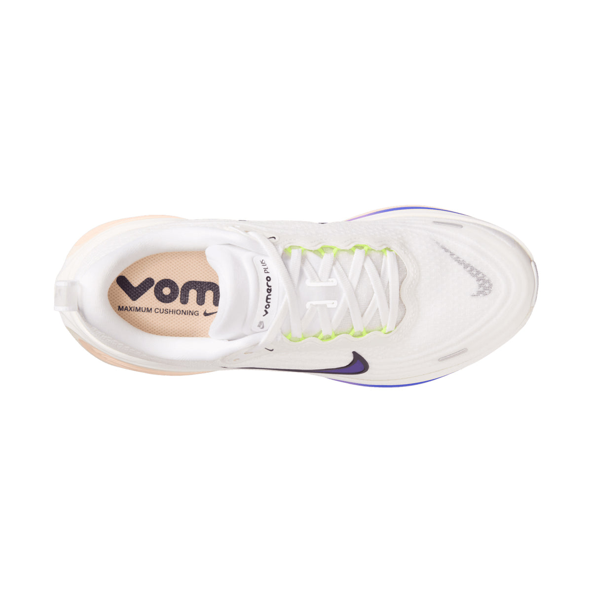 Top-down view of a white Nike Women’s Vomero Plus Running Shoes White / Purple Dynasty with a purple swoosh, neon yellow lace loops, and ZoomX cushioning.