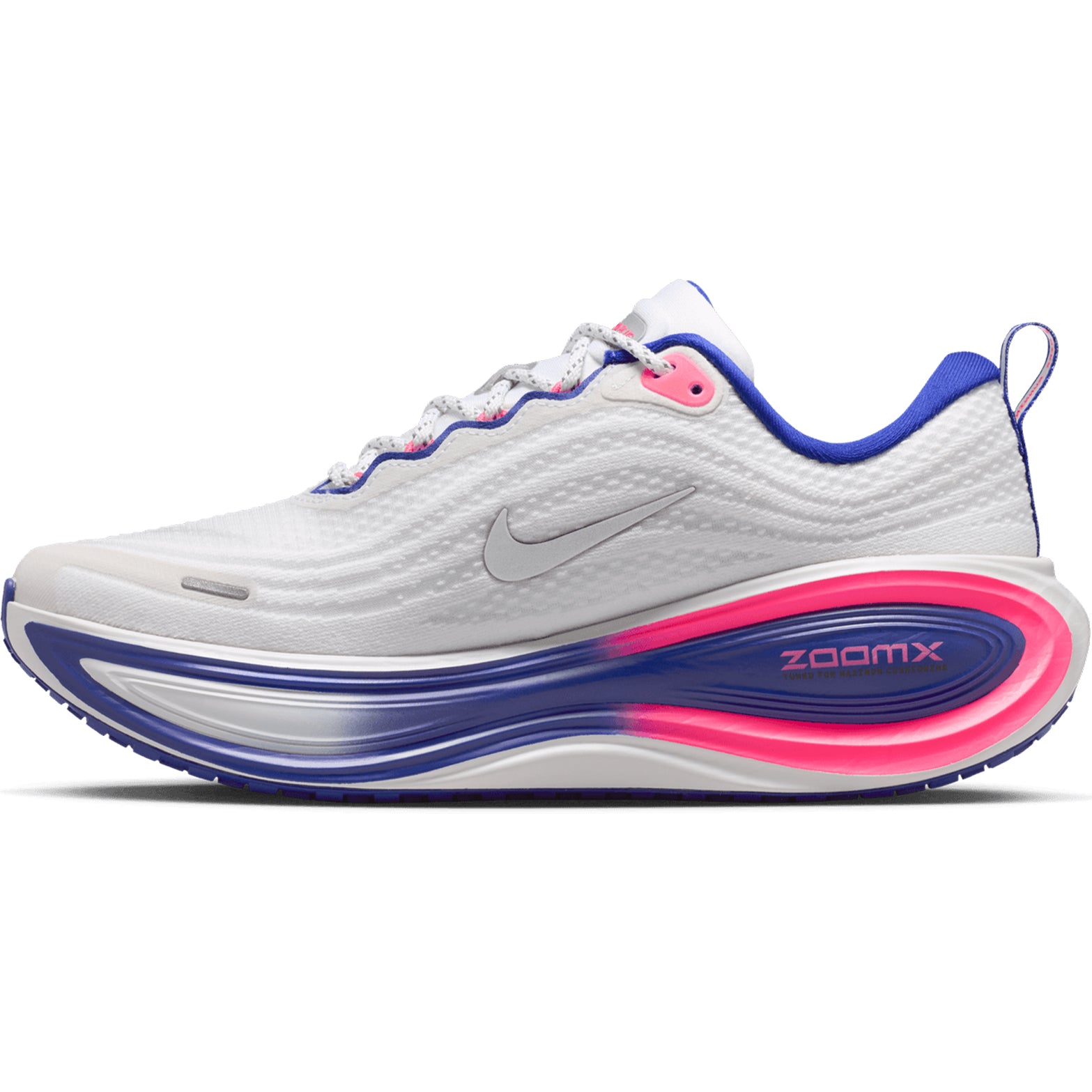 Nike Vomero Plus SE women's running shoe in White / Concord / Hyper Pink / Metallic Silver — inner view showing white engineered mesh upper, hyper pink midsole detailing, webbed lace loops and high-abrasion rubber outsole construction