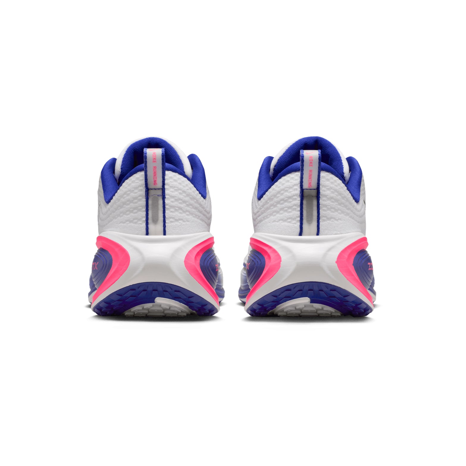 Nike Vomero Plus SE women's running shoe in White / Concord / Hyper Pink / Metallic Silver — heel view showing padded collar construction, metallic silver heel detailing, reflective detail and full-length ZoomX foam midsole contrast