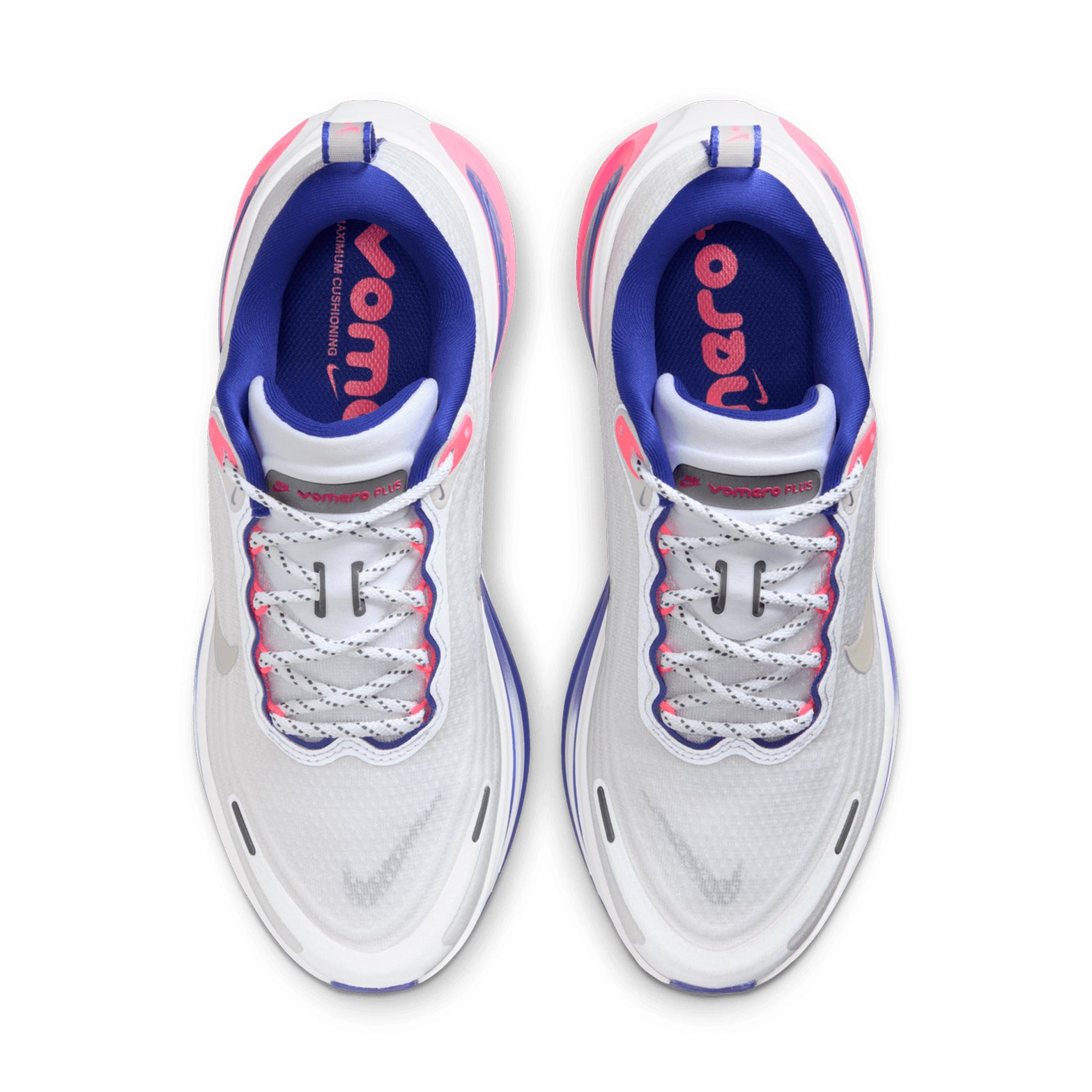 Nike Vomero Plus SE women's running shoe in White / Concord / Hyper Pink / Metallic Silver — top-down view showing white engineered mesh upper, webbed lace loop system and lace closure with concord and hyper pink detailing