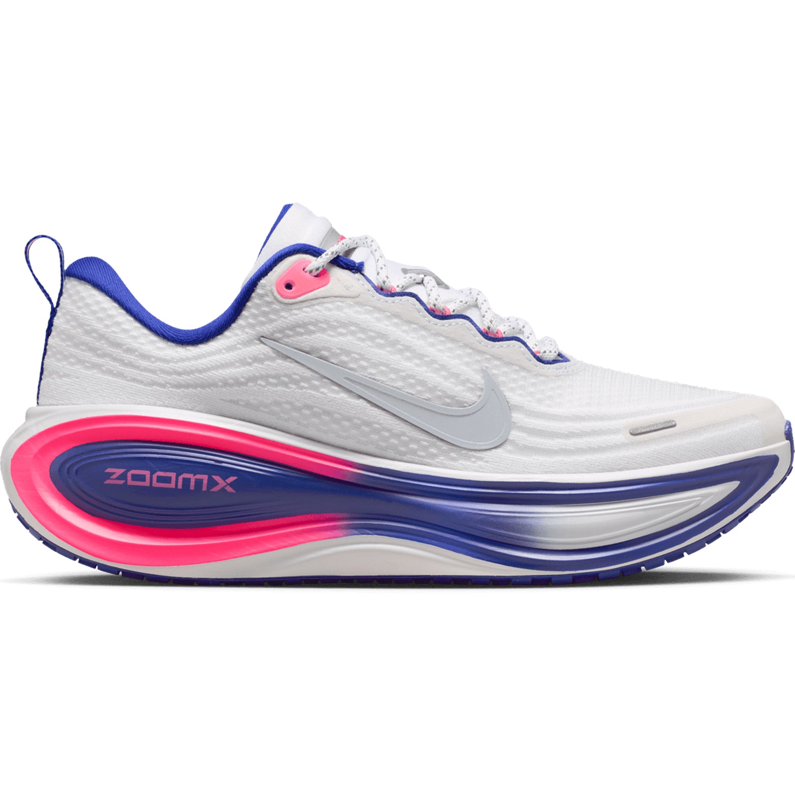 Nike Vomero Plus SE women's running shoe in White / Concord / Hyper Pink / Metallic Silver — outer view showing white engineered mesh upper with concord and hyper pink accent detailing, metallic silver contrast and full-length ZoomX foam midsole profile