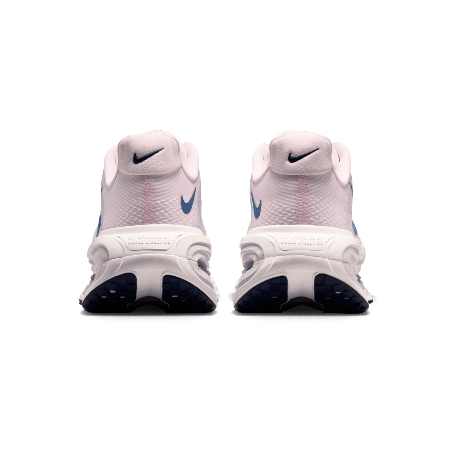 Women's Nike Vomero Premium Running Shoes Pearl Pink White heel view showing dual Air Zoom units with full-length ZoomX foam stack for maximum cushioning