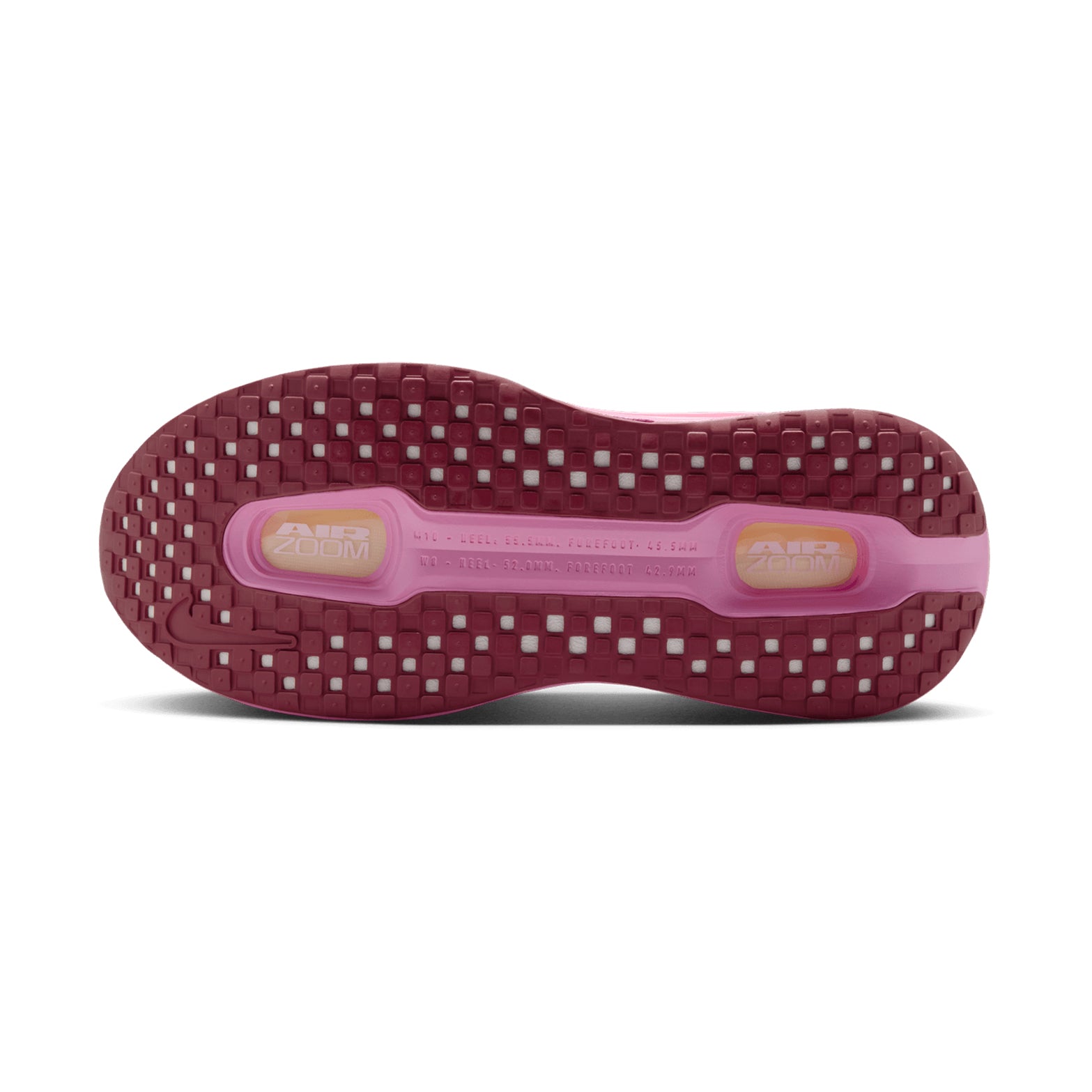 Nike Vomero Premium women's running shoe in Pink Foam / Pink Rise / Light Magenta / Pink Smoke — outsole view showing durable rubber tread pattern and pink rise responsive cushioning midsole stack profile