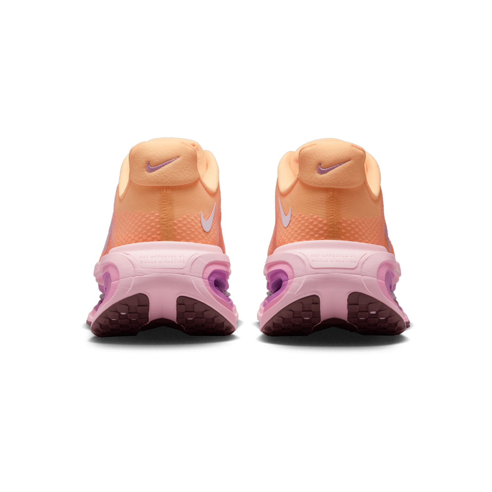 Women's Nike Vomero Premium Running Shoes Orange Pink heel view showing full-length ZoomX foam stack, dual Air Zoom units and maximum cushioning construction