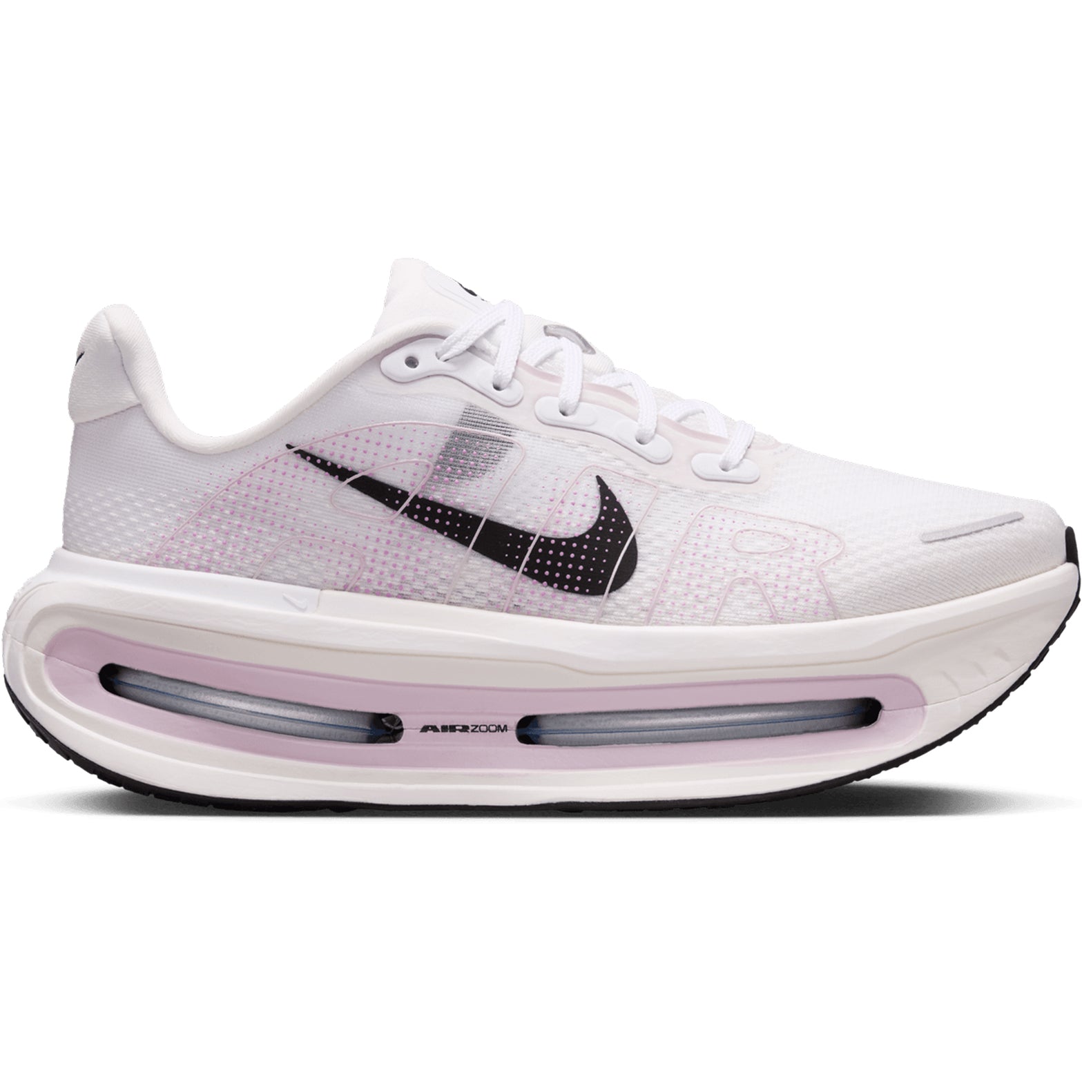 Women's Nike Vomero Premium Running Shoes White Summit White Bleached Lilac Black outer side view showing dual Air Zoom units with full-length ZoomX foam for maximum cushioned daily running