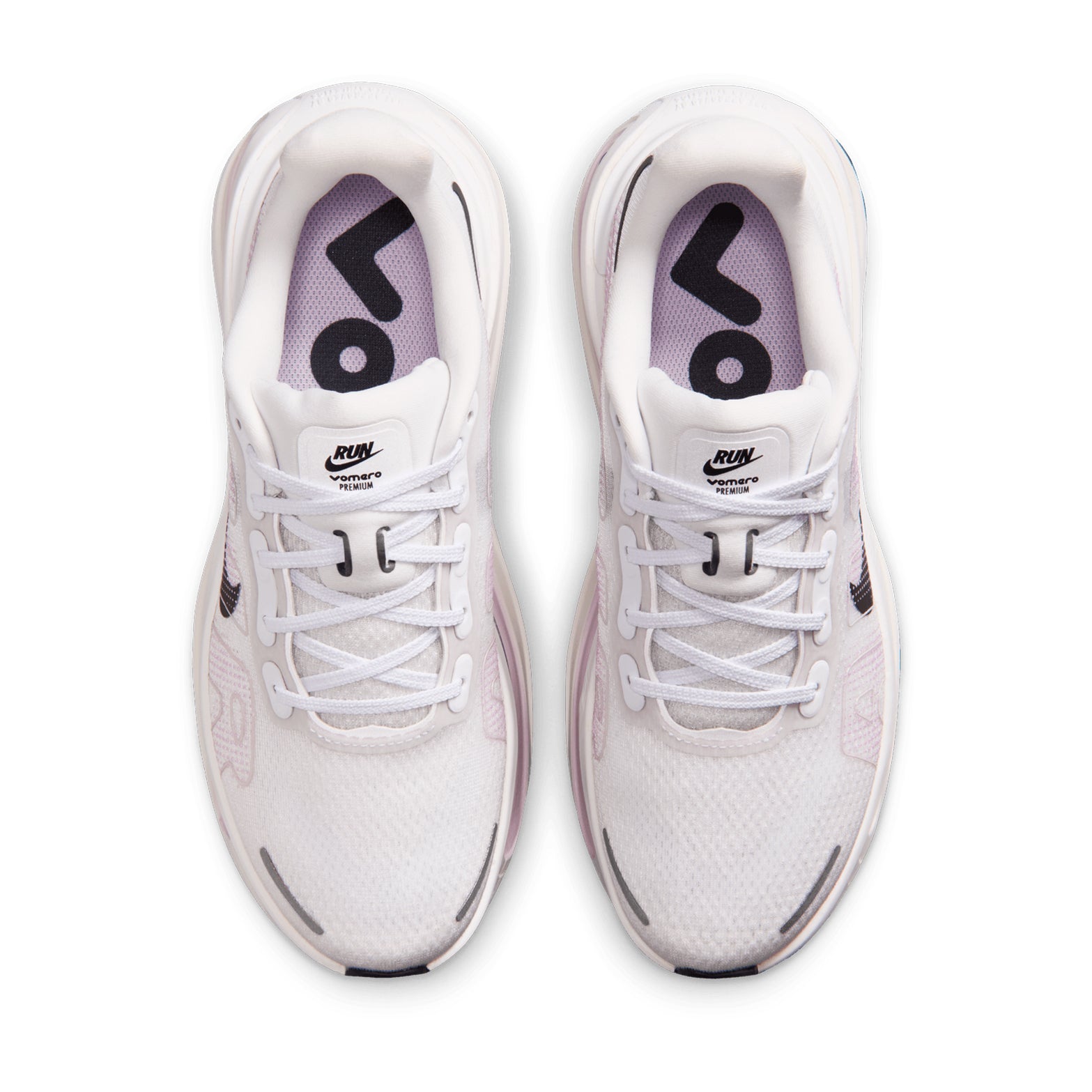 Women's Nike Vomero Premium Running Shoes White Summit White Bleached Lilac Black top view showing engineered mesh upper with lightweight breathable construction for daily road running
