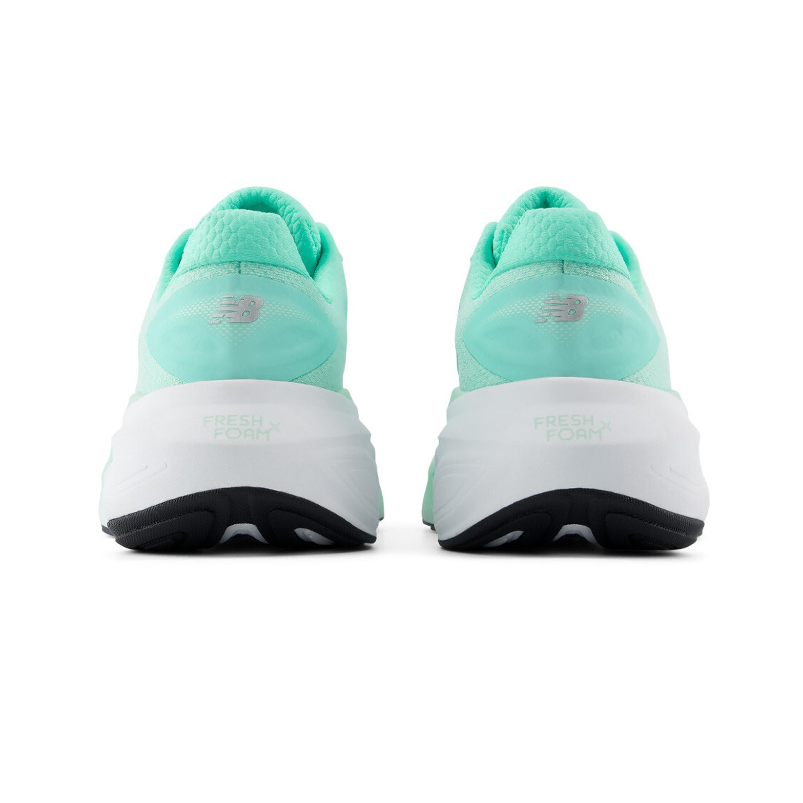 Women's New Balance Fresh Foam X More v6 Running Shoes Bright Mint Cosmic Jade heel view showing 44mm Fresh Foam X stack with high sidewalls and wide base for maximum cushioned stable recovery running