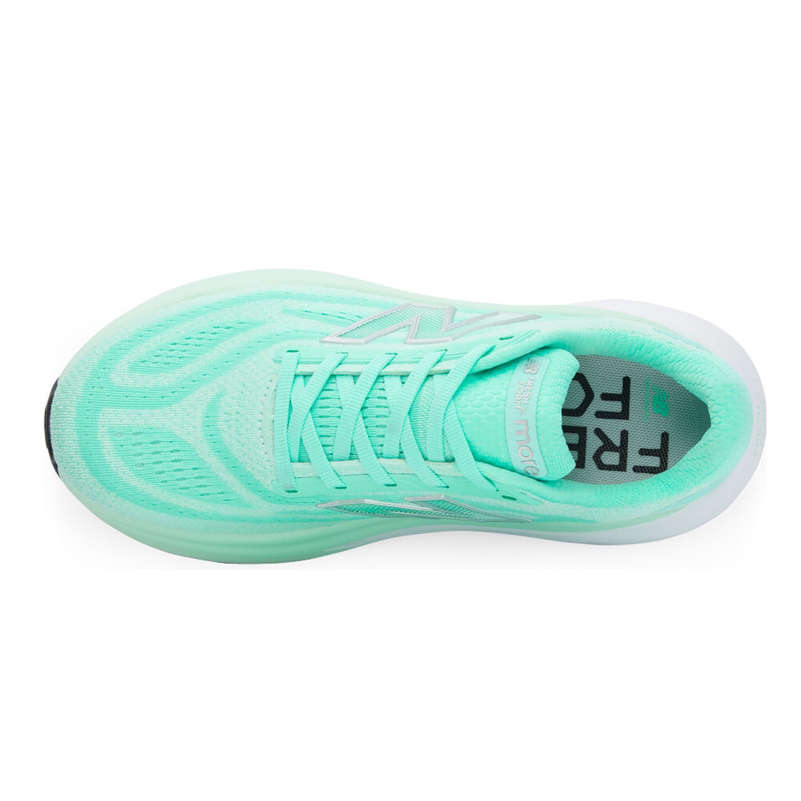 Women's New Balance Fresh Foam X More v6 Running Shoes Bright Mint Cosmic Jade top view showing engineered mesh upper with soft plush feel and reflective details for breathable low-light daily running