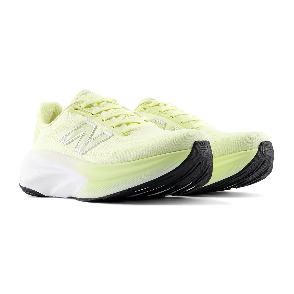 Women's New Balance Fresh Foam X More v6 Running Shoes Fennel Seed Angora angled side view of pair showing 44mm heel Fresh Foam X stack with wide base, high sidewalls and strategic rubber outsole for maximum cushioned daily running