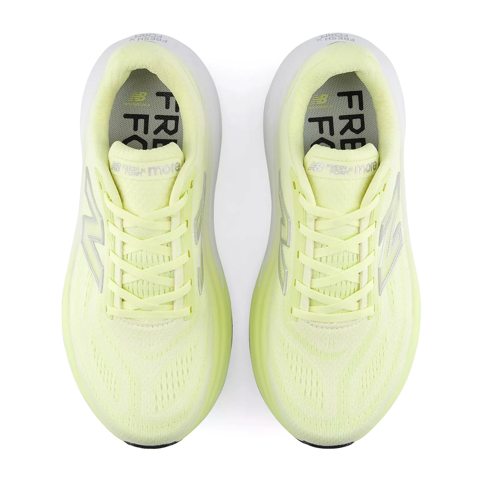 Women's New Balance Fresh Foam X More v6 Running Shoes Fennel Seed Angora top view showing engineered mesh upper with soft plush feel and reflective details for breathable low-light daily running