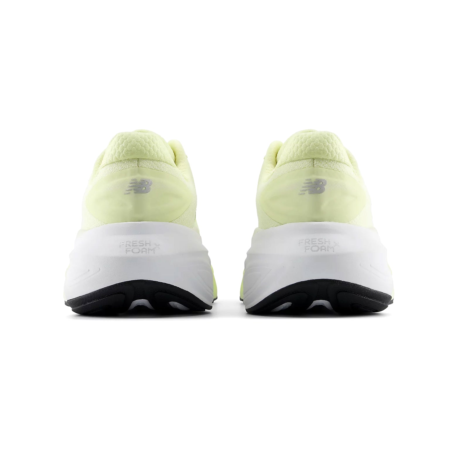 Women's New Balance Fresh Foam X More v6 Running Shoes Fennel Seed Angora heel view showing 44mm Fresh Foam X stack with high sidewalls and wide base for maximum cushioned stable recovery running