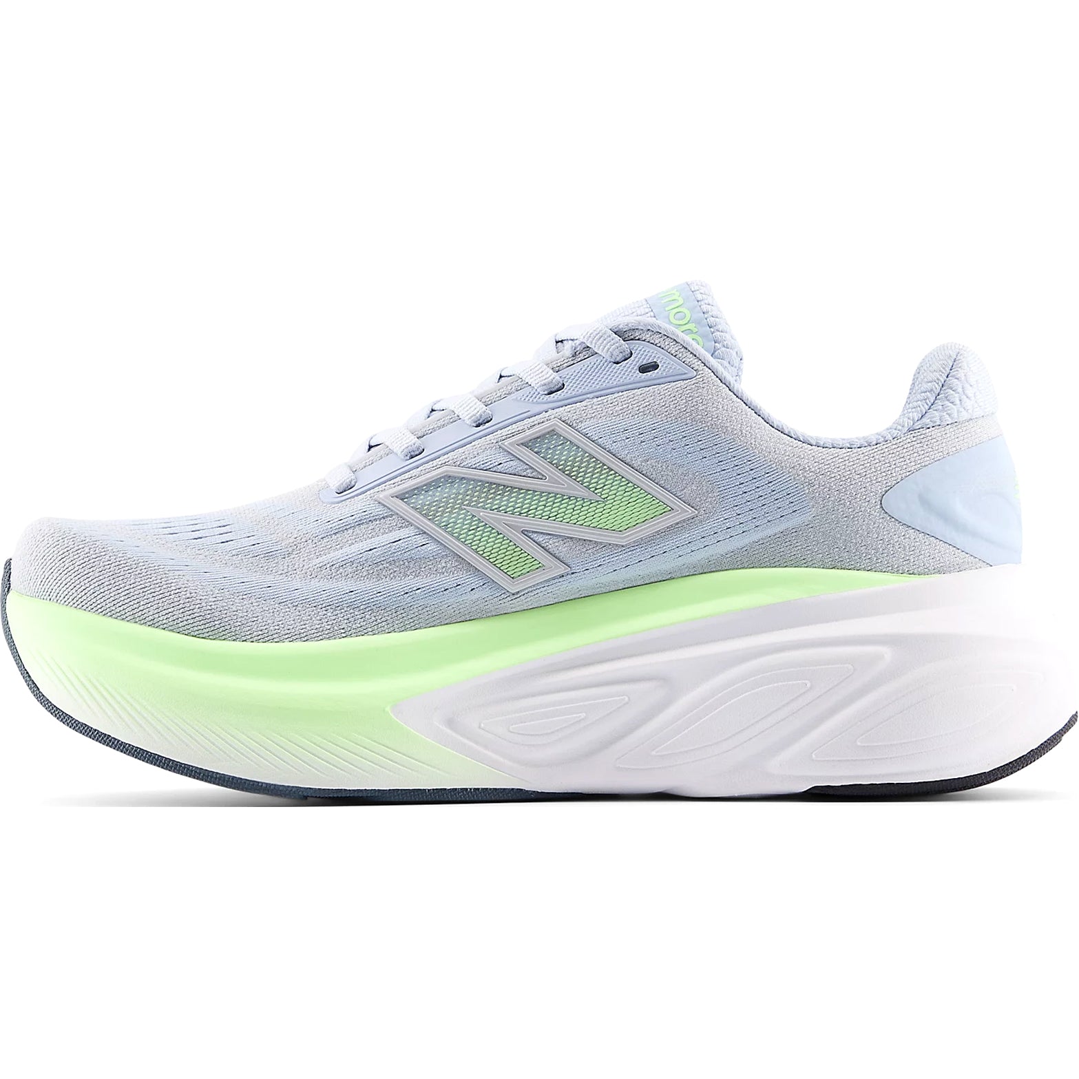 Women's Fresh Foam X More v6 Oxford Blue Afterglow inner side view with high sidewalls and 44mm stack height