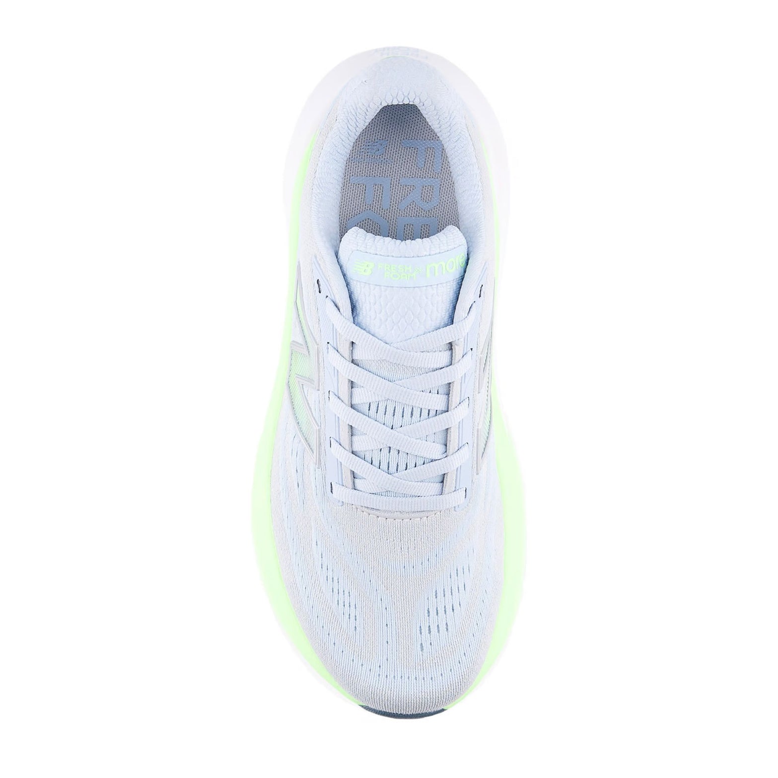 Women's Fresh Foam X More v6 Oxford Blue Afterglow top view showing engineered mesh upper