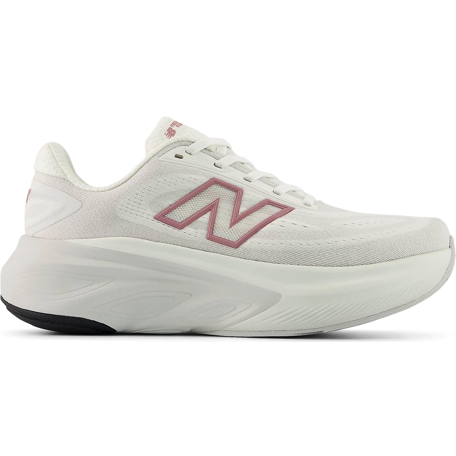 Women's New Balance Fresh Foam X More v6 Running Shoes Sea Salt Rosewood Grey Matter outer side view showing Fresh Foam X 44mm heel stack and enhanced rocker profile