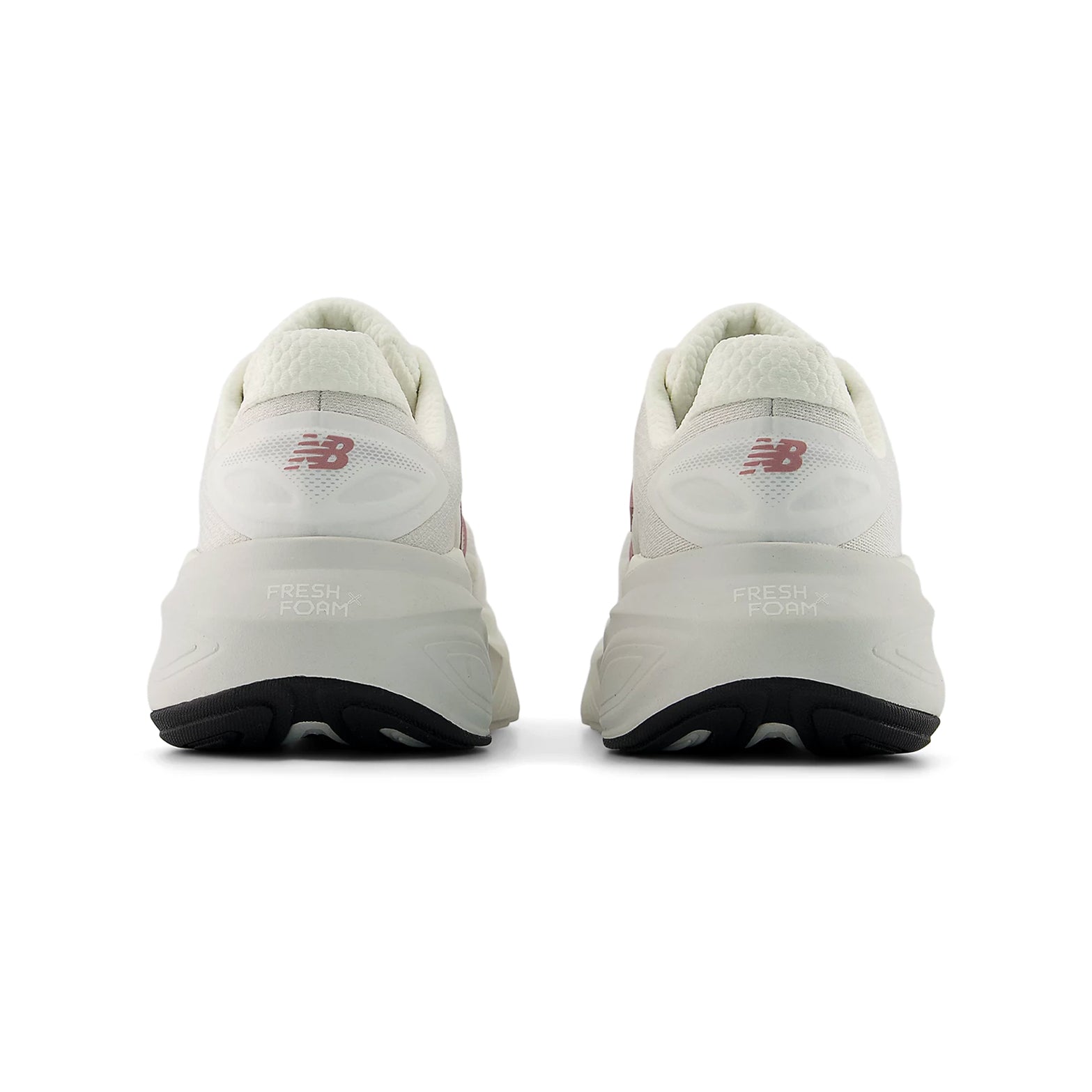 Women's New Balance Fresh Foam X More v6 Running Shoes Sea Salt Rosewood Grey Matter heel view showing Fresh Foam X 44mm stack height and 4mm drop construction