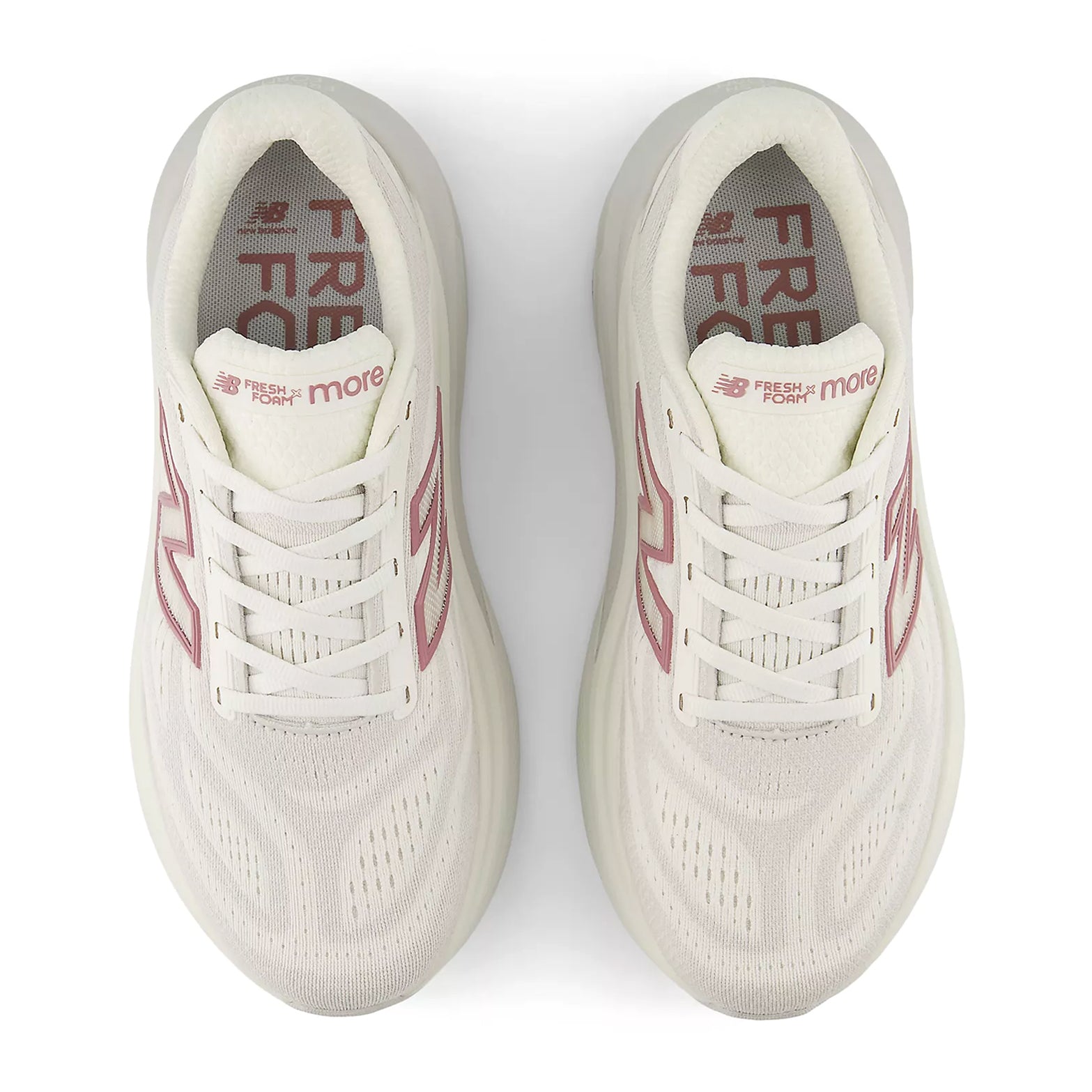 Women's New Balance Fresh Foam X More v6 Running Shoes Sea Salt Rosewood Grey Matter top view showing engineered mesh upper and reflective details