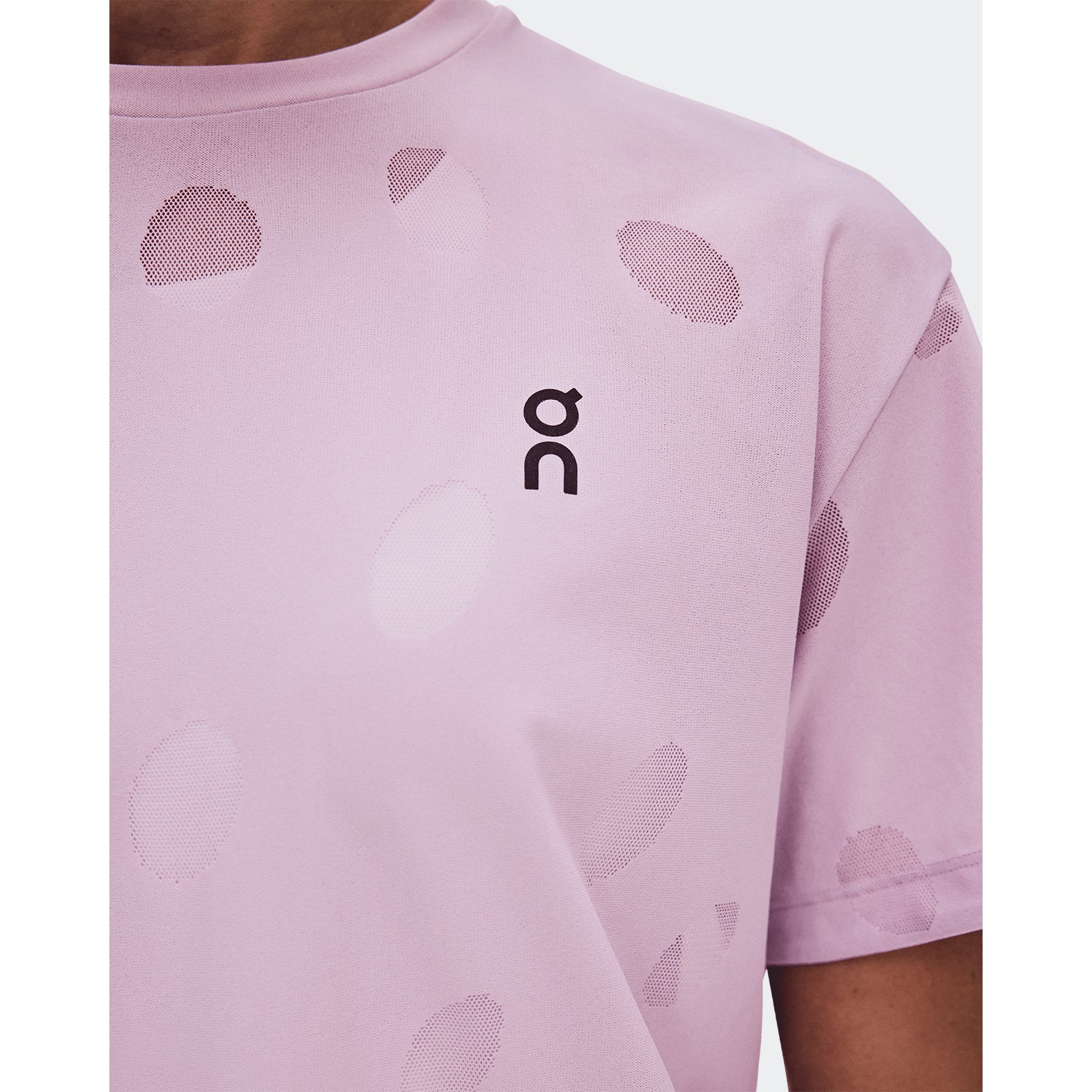 Women's On Zero-T Breathe Foxglove close-up of distinctive functional jacquard fabric showing On DryTec breathable moisture-wicking construction for ultralight distraction-free training