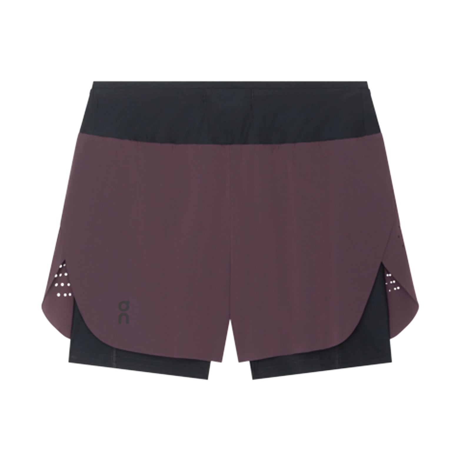 Women's On Zero 2-in-1 Shorts Urchin Black front product view showing ultralight perforated outer with On athlete-inspired graphic and two-layer waistband construction