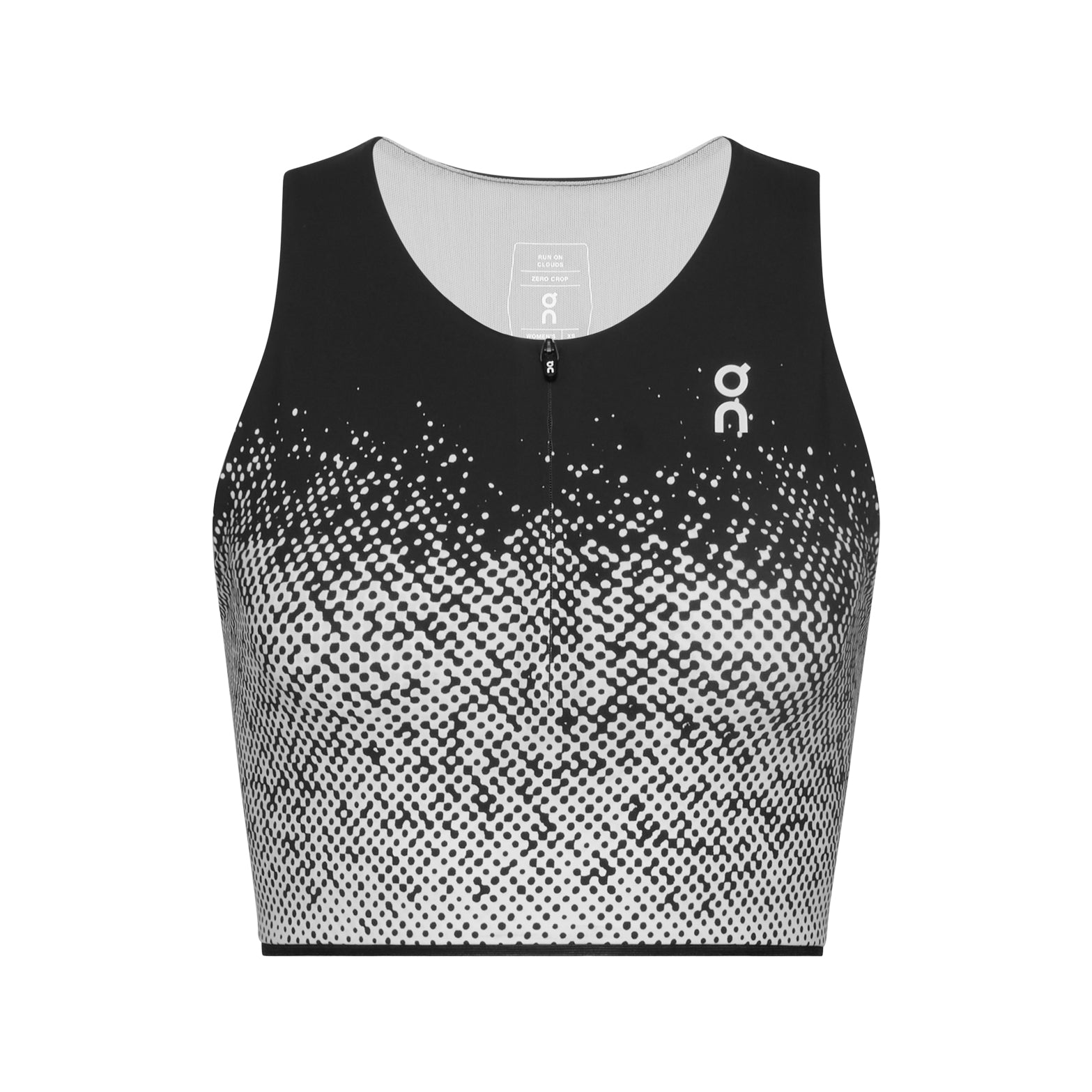 Women's On Zero Crop White Black product view showing double-layer front with zip construction, built-in support and athlete-inspired graphics