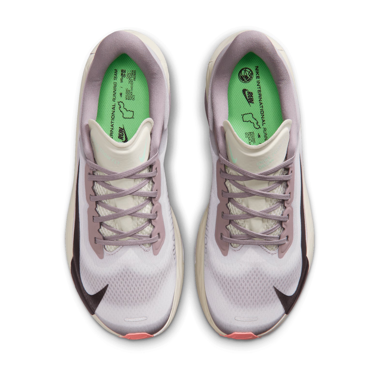 Women's Nike Zoom Fly 6 Running Shoes Light Violet Ore Baroque Brown Sea Glass top view showing lightweight breathable upper construction with carbon-plated racing design