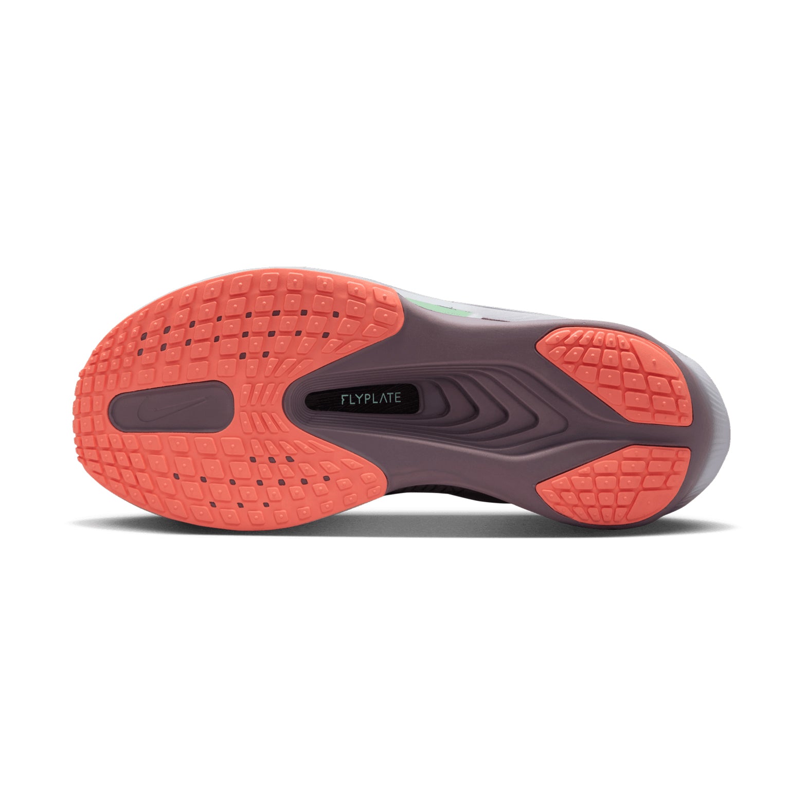 Women's Nike Zoom Fly 6 Running Shoes Light Violet Ore Baroque Brown Sea Glass sole view displaying durable outsole with ReactX foam and carbon plate for tempo training and racing