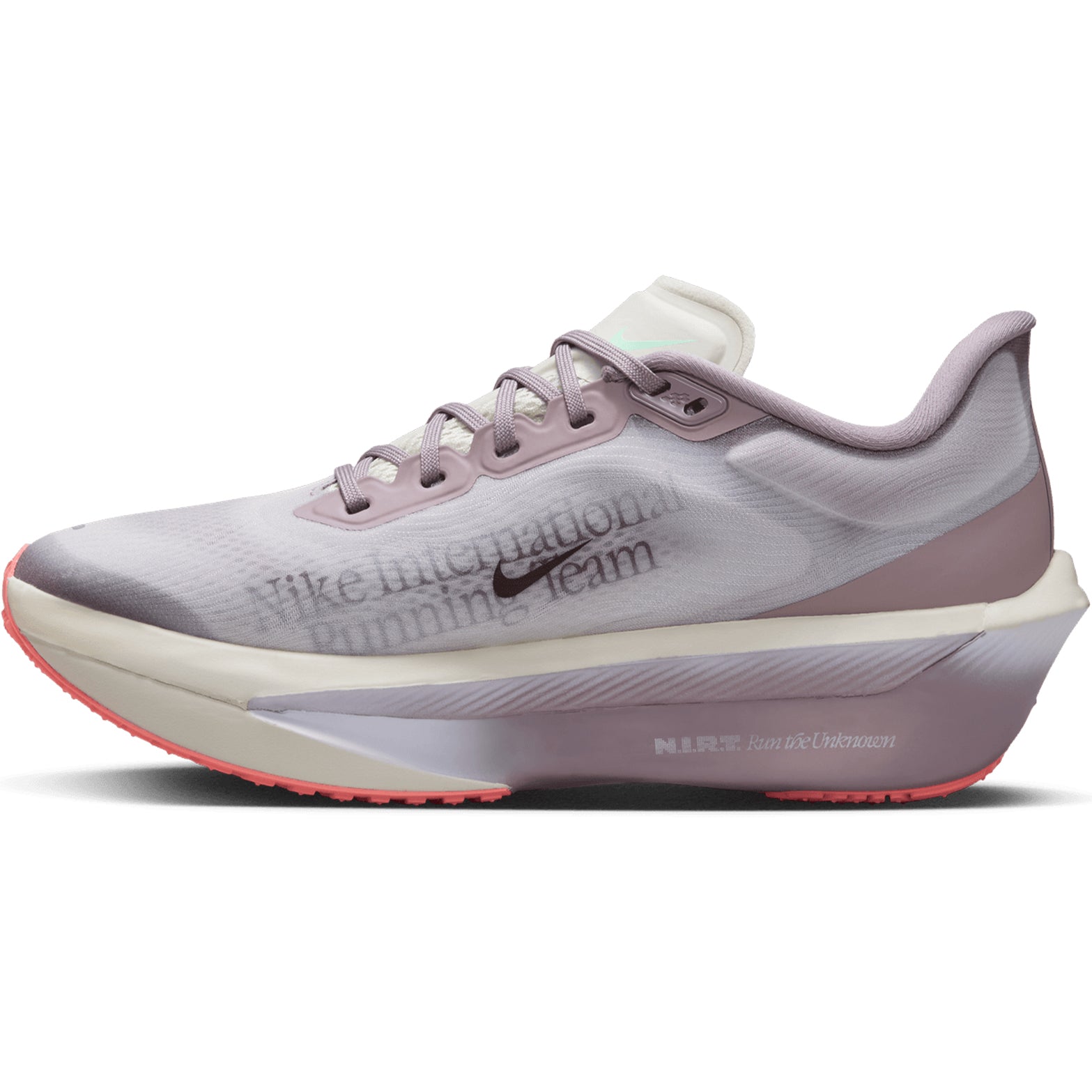Women's Nike Zoom Fly 6 Running Shoes Light Violet Ore Baroque Brown Sea Glass inner side view showing carbon plate with ReactX cushioning for race day and training performance