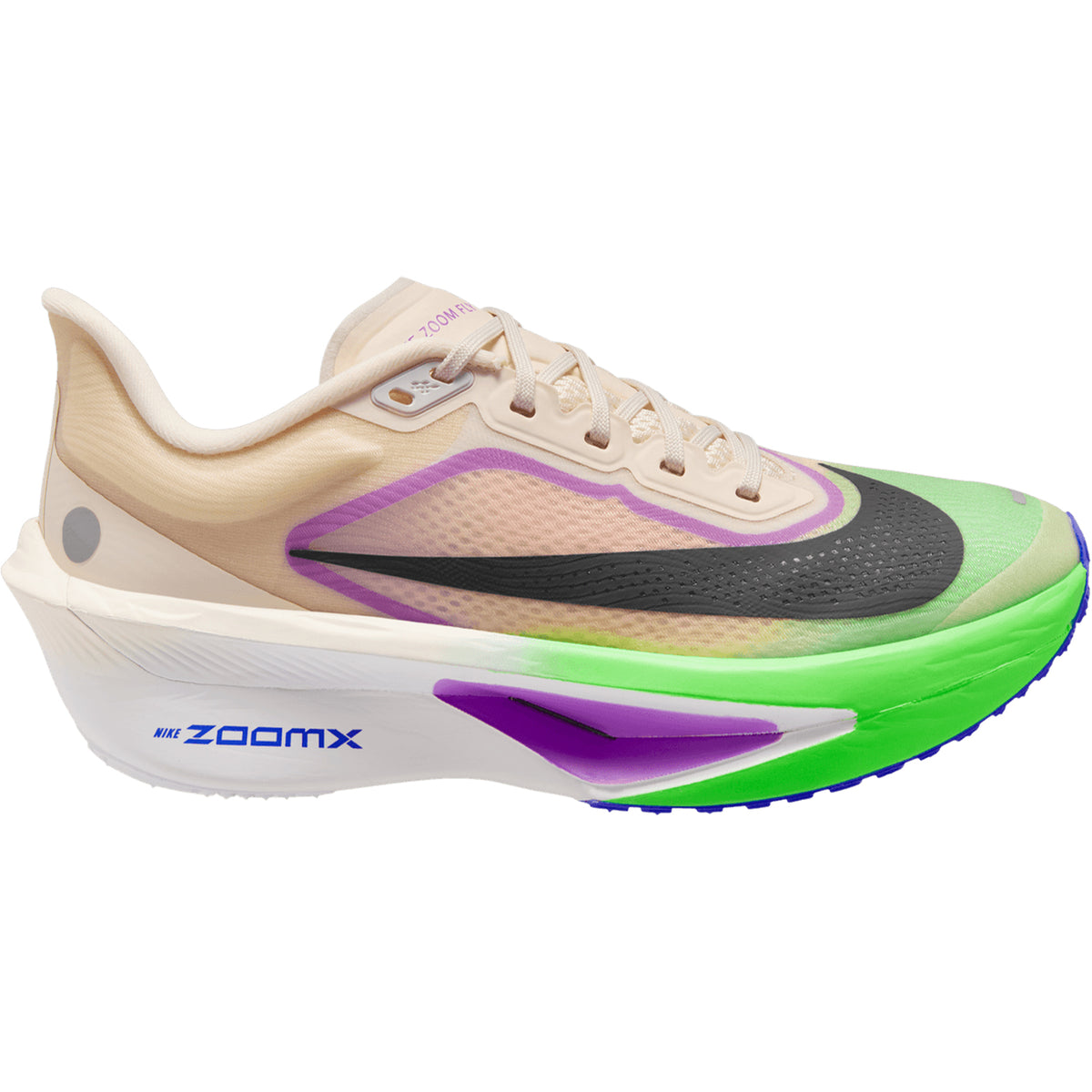 Nike Women’s Zoom Fly 6 Running Shoes RSG Chalk / Purple Dynasty-Fuchsia Dream low-top running shoe in beige, purple, and bright green with a thick white midsole and a black swoosh.