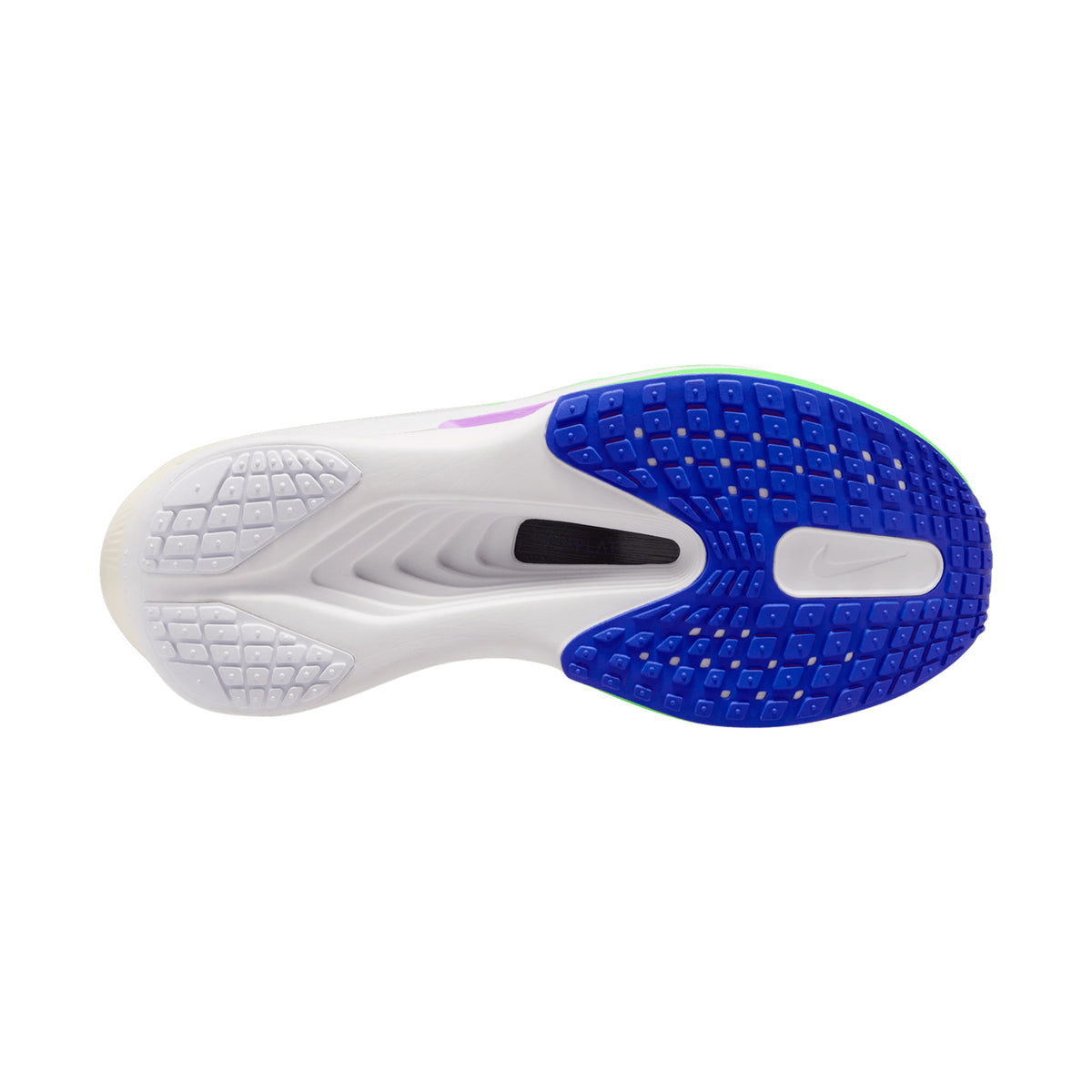 Bottom view of a Women’s Zoom Fly 6 Running Shoes RSG Chalk / Purple Dynasty-Fuchsia Dream, featuring a white molded midsole and a blue rubber tread.
