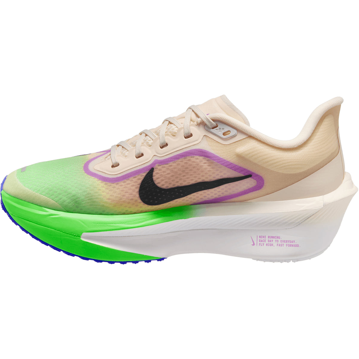 Women’s Zoom Fly 6 Running Shoes in beige, lime green, and purple, featuring a thick white ZoomX foam sole and a black side swoosh.