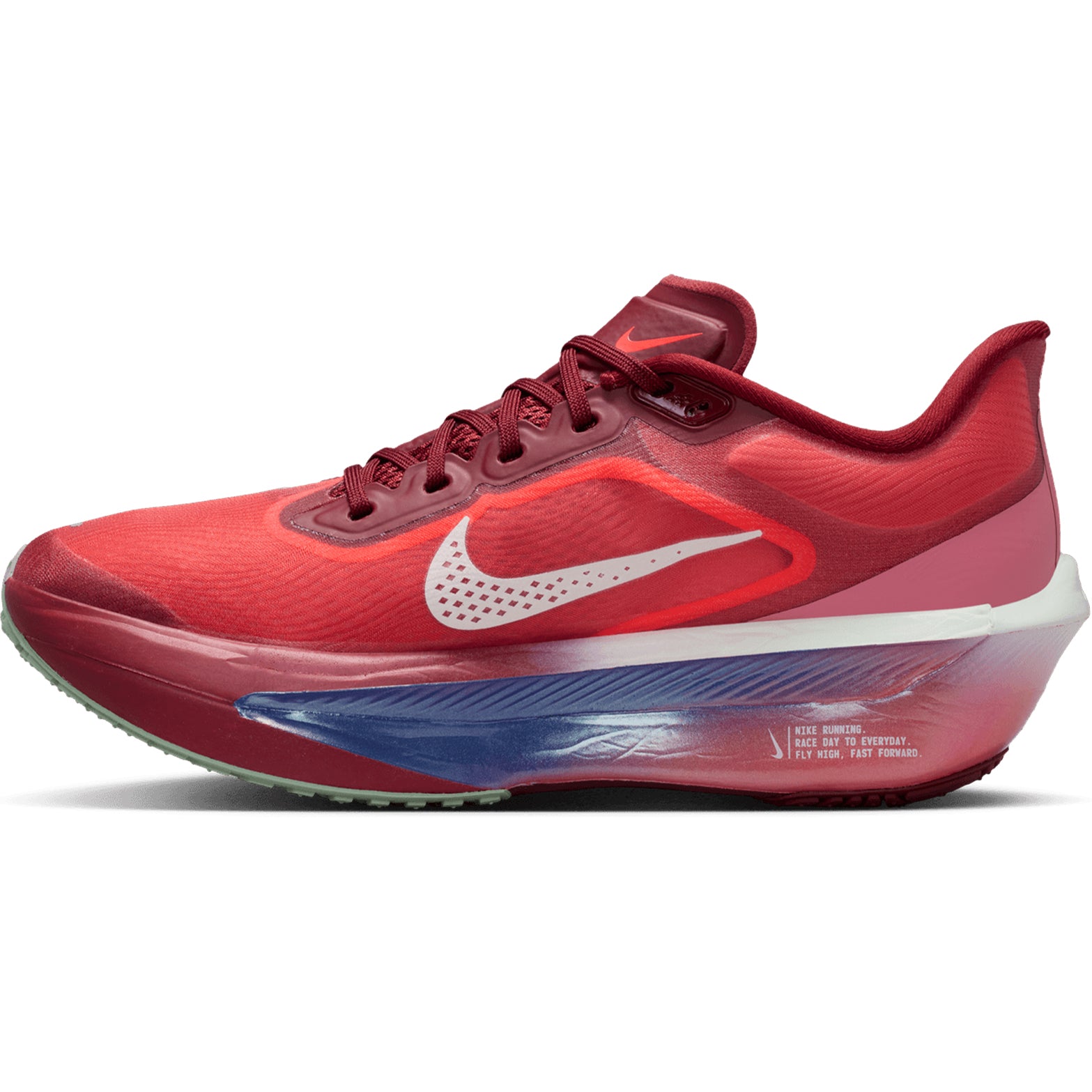 Women's Nike Zoom Fly 6 SE Running Shoes Team Red Bright Crimson Barely Green inner side view showing carbon plate with ReactX cushioning for race day and training performance