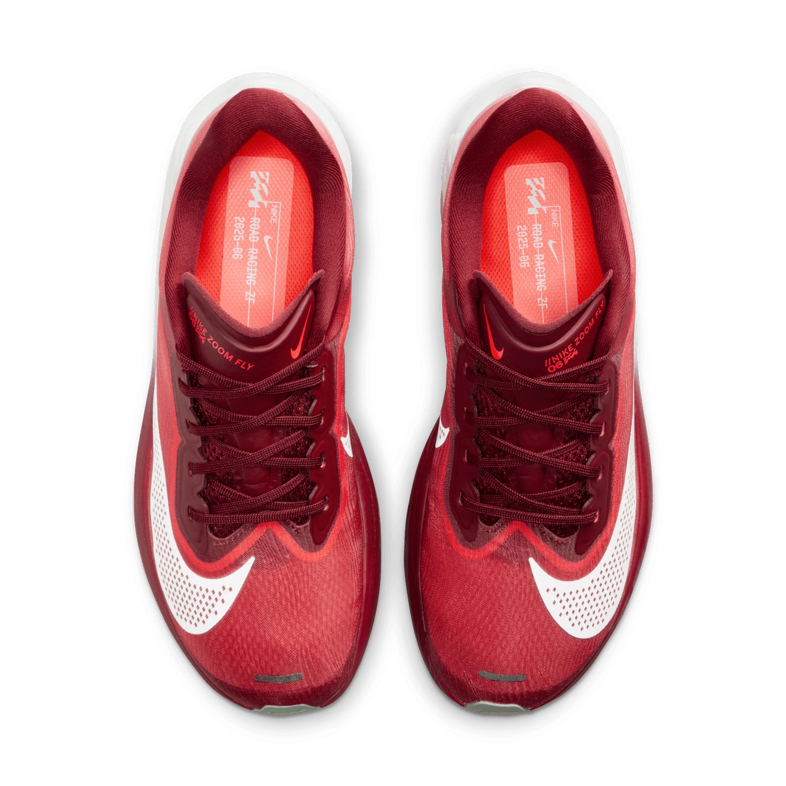 Women's Nike Zoom Fly 6 SE Running Shoes Team Red Bright Crimson Barely Green top view showing lightweight breathable upper construction with carbon-plated racing design