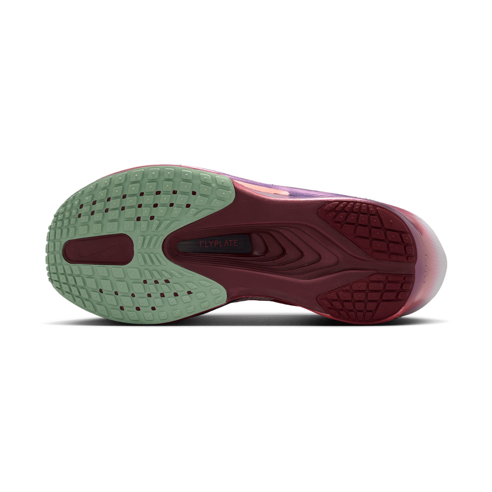 Women's Nike Zoom Fly 6 SE Running Shoes Team Red Bright Crimson Barely Green sole view displaying durable outsole with ReactX foam and carbon plate for tempo training and racing