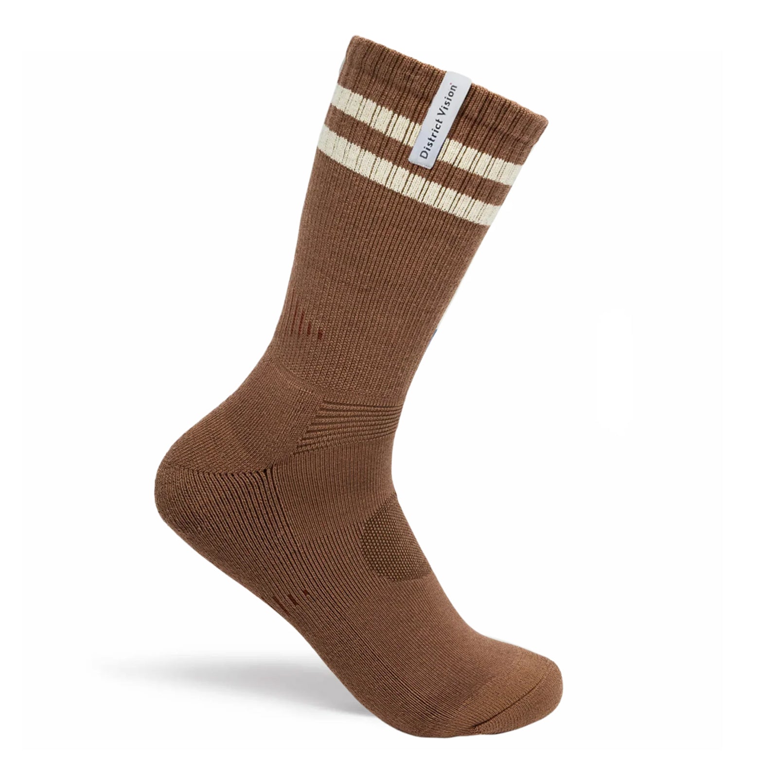District Vision Zonal Organic Cotton Socks in Brown / Sand — product shot showing crew length silhouette displaying brown and sand colourway, zonal construction detail and organic Japanese cotton knit