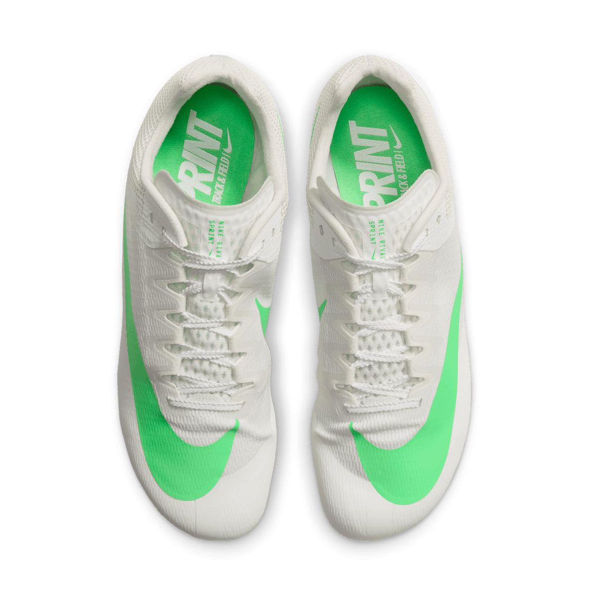 A pair of Nike Zoom Rival Sprint Running Spikes in Summit White with Electro Green and Atomic Pink accents, viewed from above. Inspired by track speed, these shoes feature laces and display the Nike logo on both the insoles and sides.