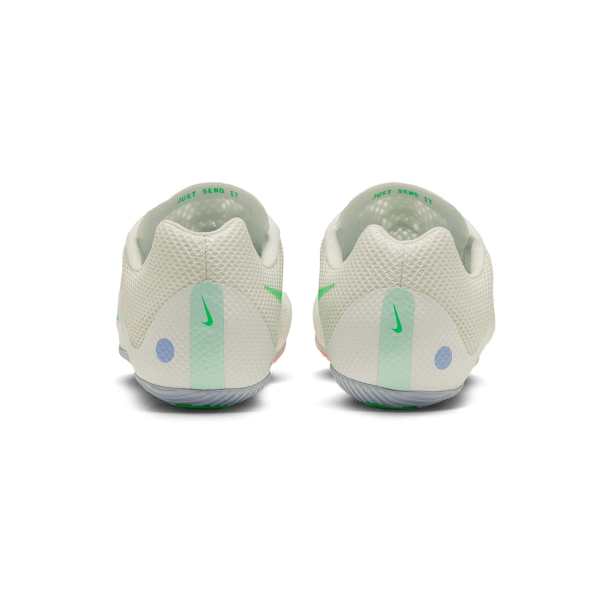 Rear view of a pair of Nike Zoom Rival Sprint Running Spikes in Summit White with Electro Green accents and touches of Atomic Pink—these stylish track-inspired sneakers feature small blue circles and a green Nike swoosh on the heel, set against a plain white background.
