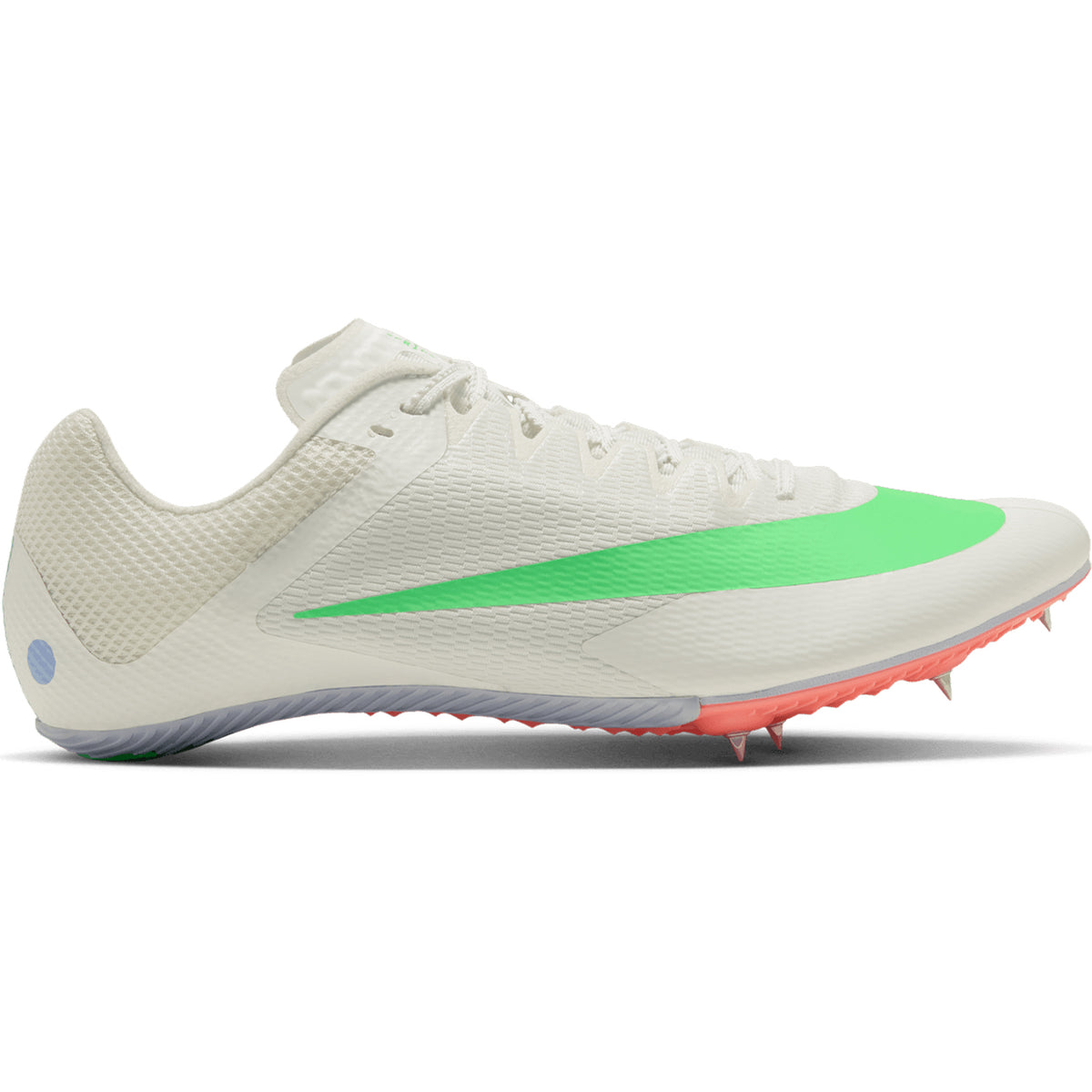 A white Nike Zoom Rival Sprint running spike features an Electro Green swoosh, Atomic Pink spikes on the sole, and a gray heel. Shown in side profile against a white background, this Summit White athletic shoe is perfect for track speed.