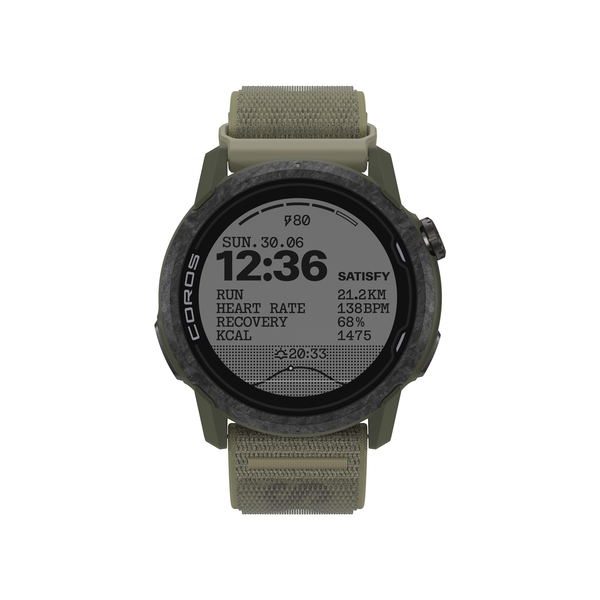 The x Satisfy Apex 4 GPS Sport Watch Burnt Olive features a round face with easy-to-read black-and-white fitness data, displaying time, date, heart rate, recovery, calories burned, and distance run. Its stylish burnt olive strap offers both comfort and sporty appeal for use on the go.