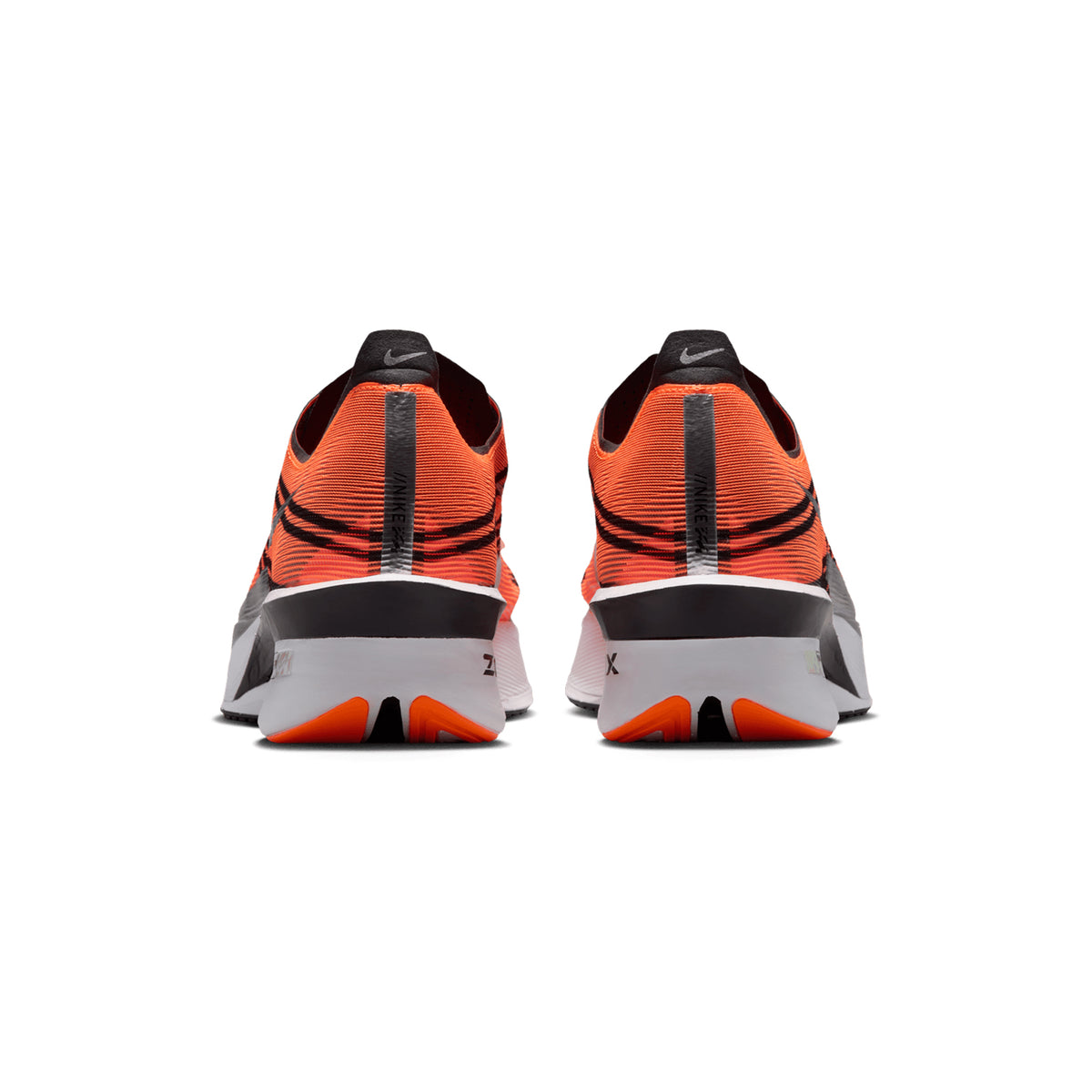 Men's Nike x DISTANCE Vaporfly 4 Running Shoes Total Orange Black White Metallic Silver heel view showing optimised ZoomX foam with strategic midsole geometry and DISTANCE collaboration construction for featherlight marathon racing