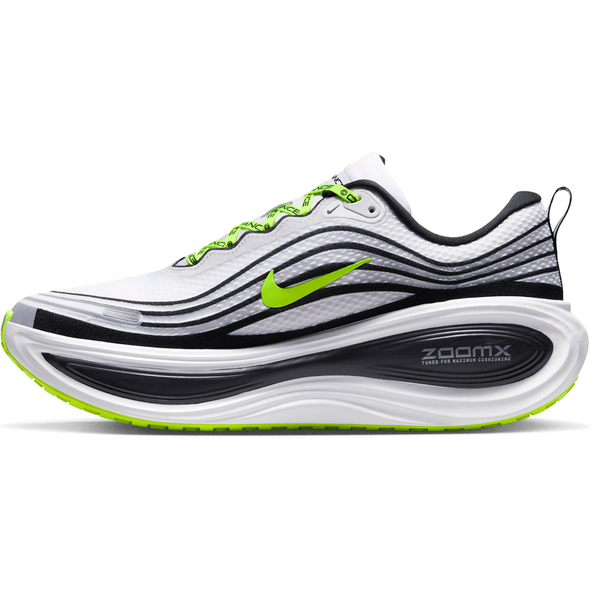 The Nike x DISTANCE Men’s Vomero Plus Running Shoes in White, Black, Volt, and Metallic Silver showcase a bold design with black and neon green accents, a signature Nike Swoosh, wavy lines, green laces, and a thick curved ZoomX-labeled sole. Inspired by the classic Nike Vomero Plus, this model is built for maximal cushioning with advanced ZoomX technology for a responsive yet ultra-comfortable run.