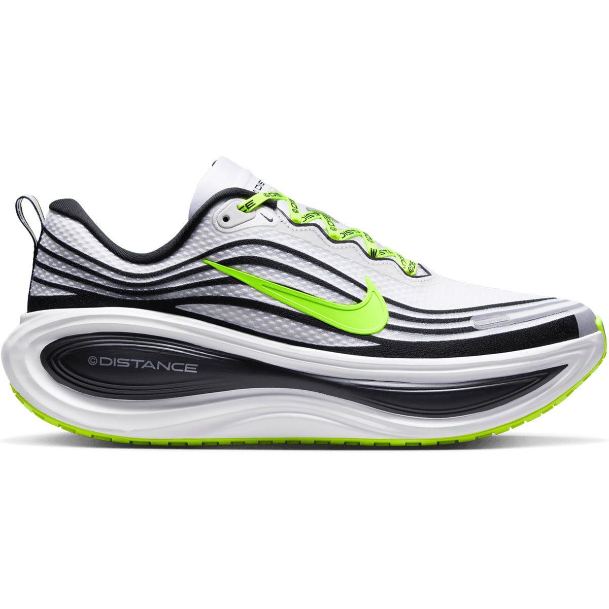 Nike x DISTANCE Men’s Vomero Plus Running Shoes in White, Black, Volt, and Metallic Silver feature wavy black lines on the upper, a bold volt green Nike Swoosh, neon green laces, and a thick curved sole with “Distance” text along the side. Drawing inspiration from classic Nike Vomero Plus models and equipped with ZoomX cushioning for maximal comfort on every stride, this pair stands out with its striking black and neon green accents.