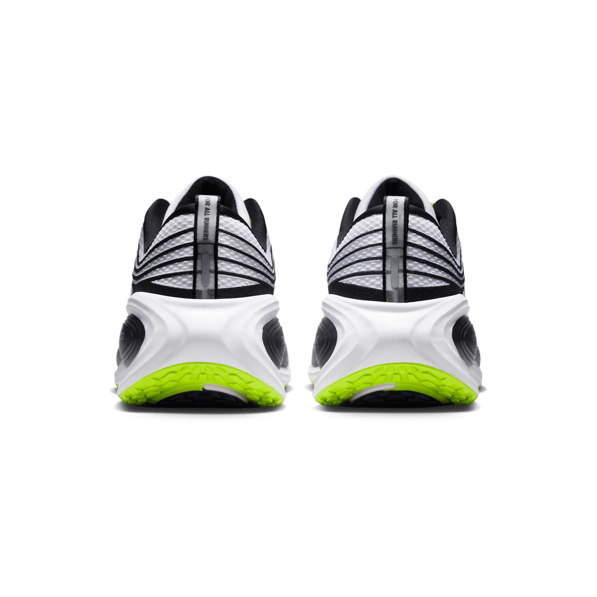 A pair of Nike x DISTANCE Men’s Vomero Plus Running Shoes in White, Black, Volt, and Metallic Silver is shown from the back, highlighting a textured sole and striped heel detail with ZoomX cushioning for maximum comfort—channeling the innovative spirit of the Vomero Plus.