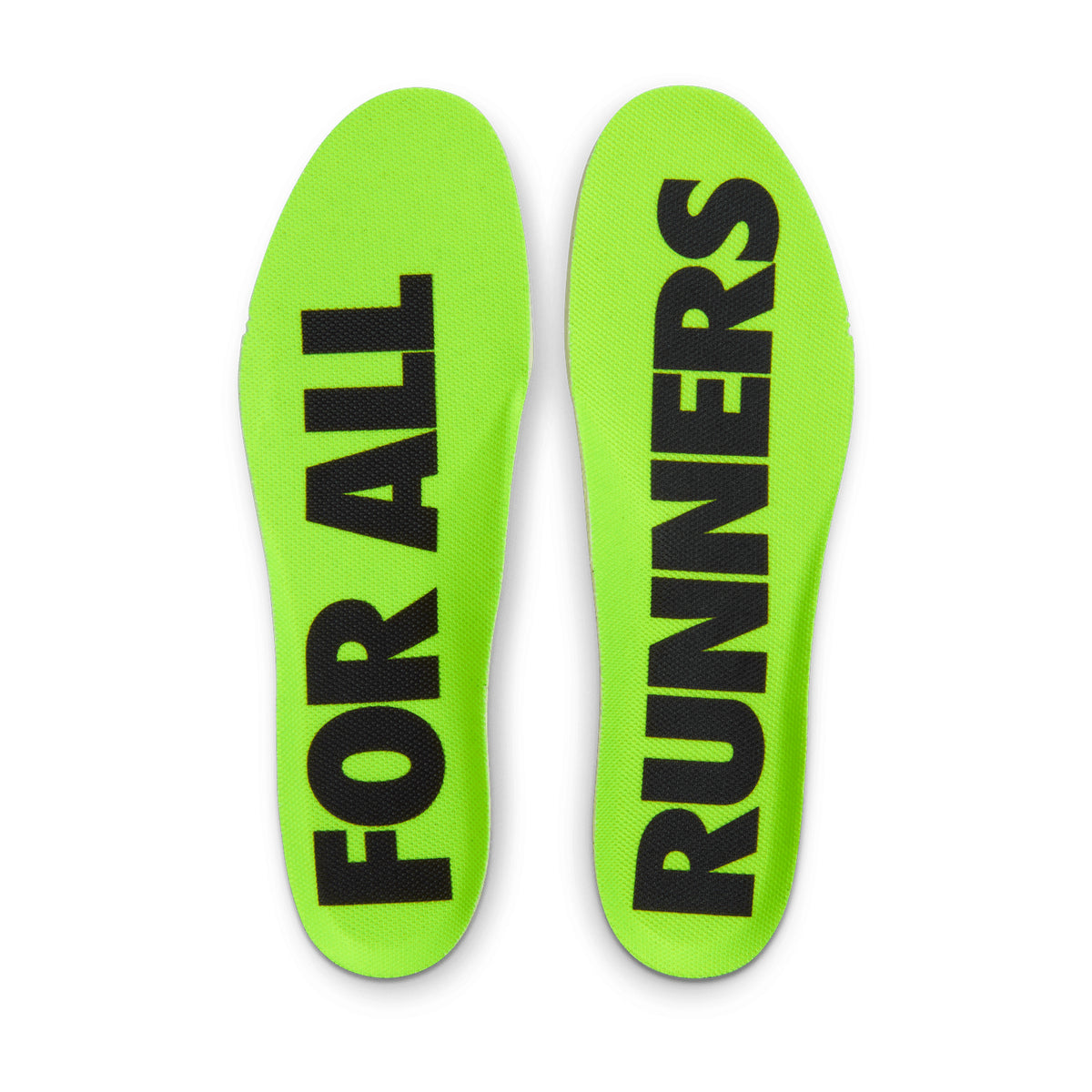 Two vibrant Volt-green insoles placed side by side—one featuring the bold black words “FOR ALL,” the other “RUNNERS.” Engineered for maximal cushioning, these insoles mirror the plush comfort of Nike’s x DISTANCE Men’s Vomero Plus Running Shoes in White, Black, Volt, and Metallic Silver.